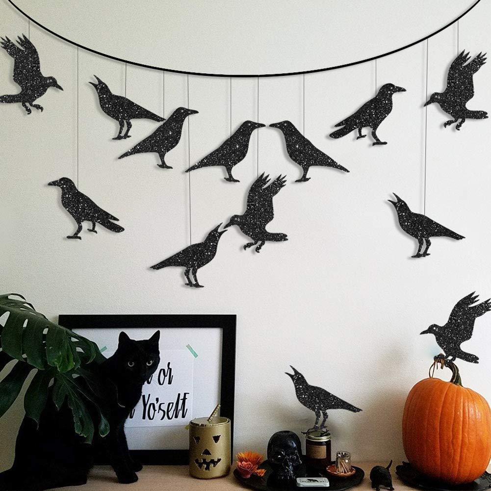 32 sztuki / zestaw czarnych brokatowych dekoracji kruka na Halloween gotycki wiszący wystrój drzewa kruk ptak