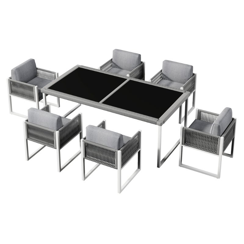 Juego de comedor de exterior para 6 personas, mesa con cristal templado, sillas de cuerda con cojín extraíble y lavable - 6