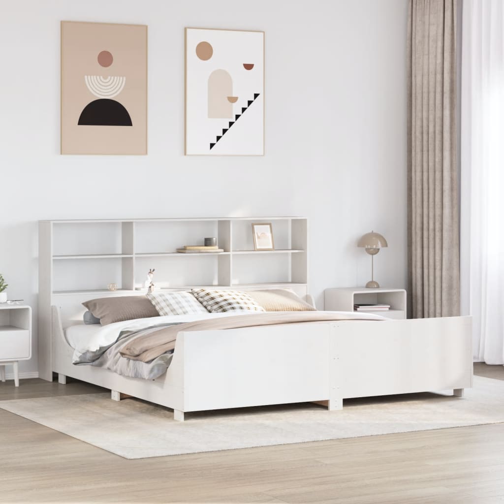 Łóżko Drewniane z Regałem Rama Łóżka Ze Stelażem Biała 180x200 cm