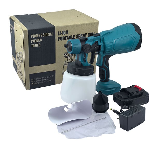 Pistola elettrica per verniciatura a batteria, pistola per verniciatura, blu, normativa europea, 5 celle/1 batteria + caricabatteria