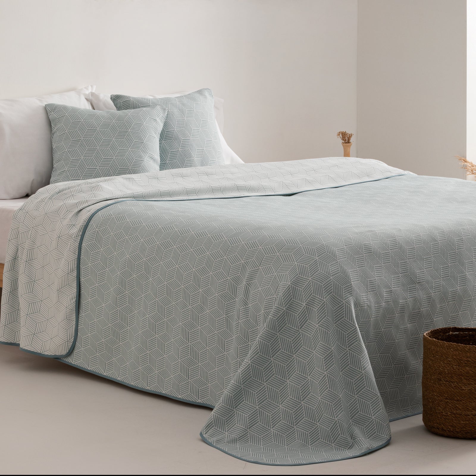 Colcha cama 80/90 cm ligera entretiempo primavera verano geométrica jacquard algodón transpirable, 180x270 cm, color agua