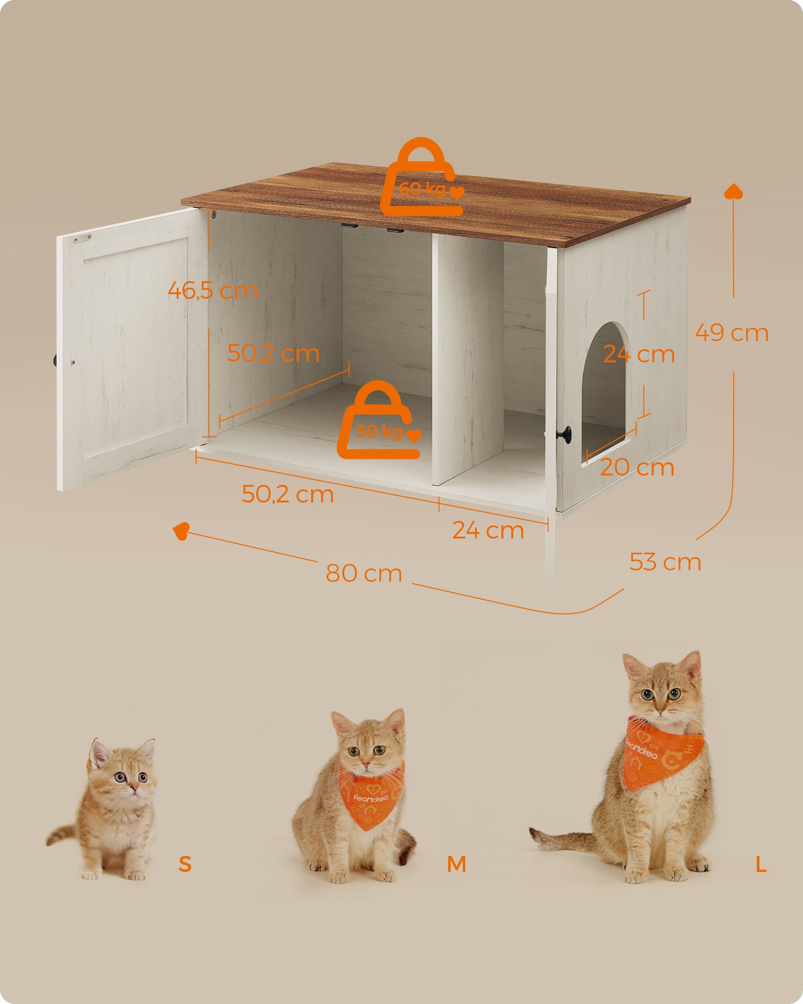 Maison de Toilettes pour Chat, Niche, Meuble Litière Chat, Table Basse, 80 x 53 x 50 cm, Marron Miel et Blanc Rustique - 4