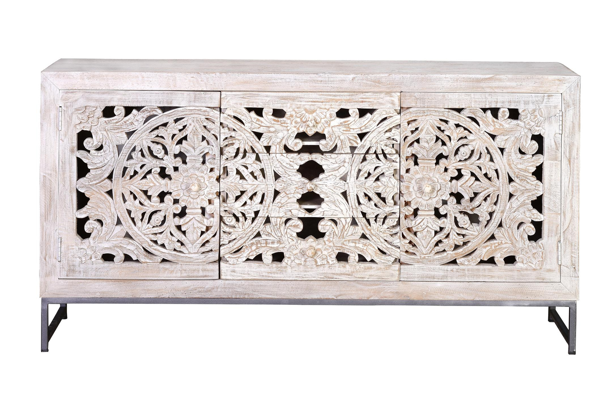 Komoda z drewna mango, styl etniczny boho, rzeźbiona - 80x150x38 GYC