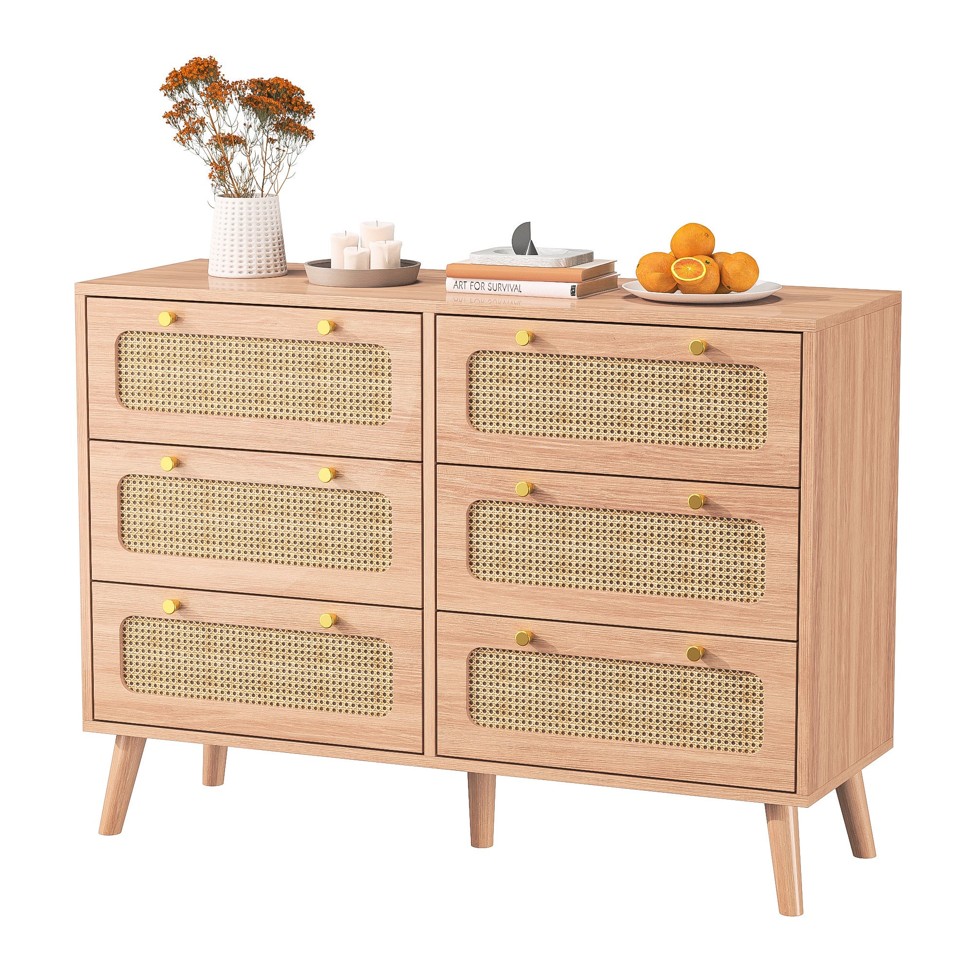 Commode en cannage - 6 tiroirs poignées en métal - pieds hauts bois - conception anti - basculement - 100x73x34 cm - couleur bois naturel - 8