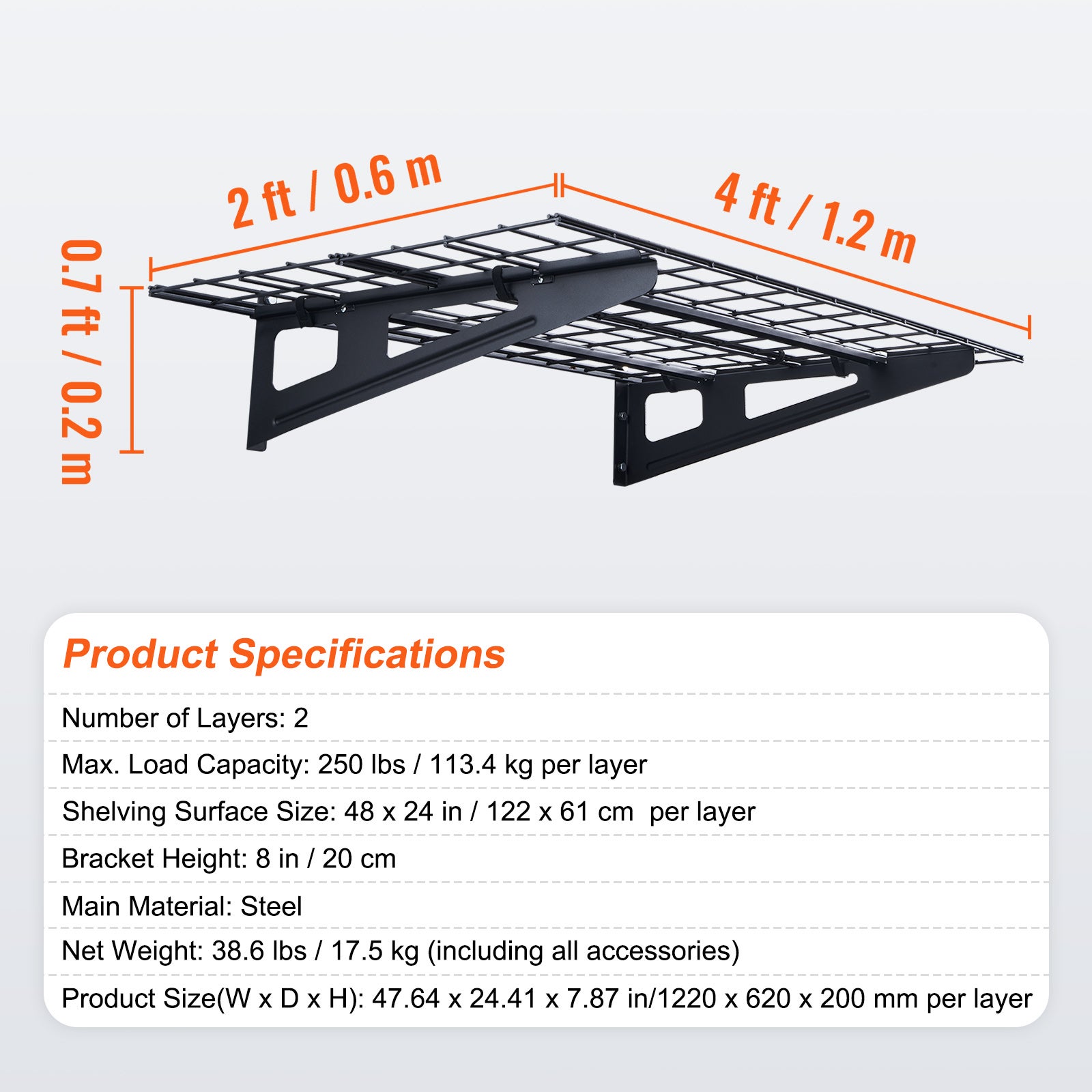 Étagères Murales de Garage Industrielles 122 × 61 cm SucceBuy – Lot de 2 Étagères Métal Suspendues, Charge 113 kg/Niveau, Rangement Atelier & Entrepôt - 2