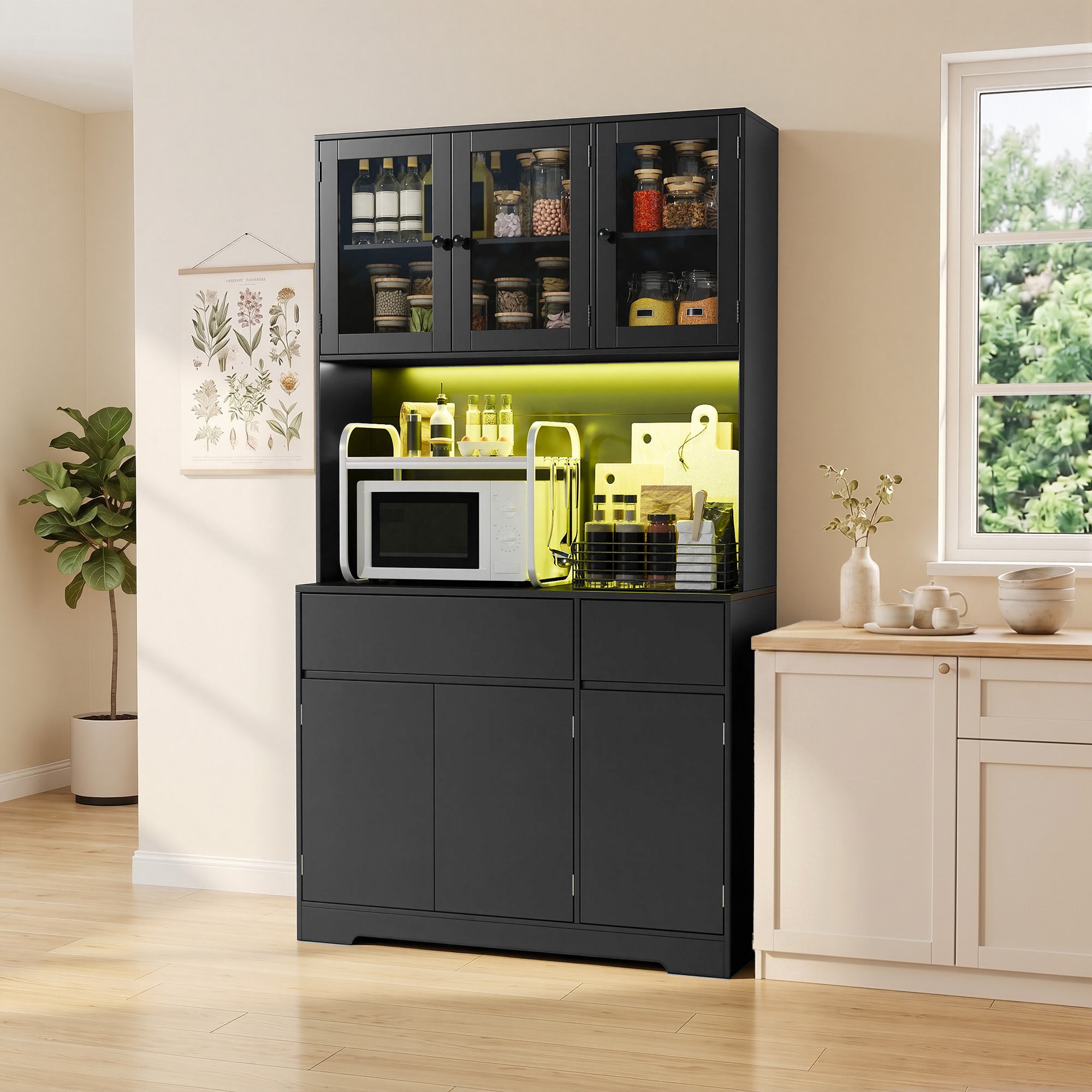 Meuble de rangement cuisine haut,100 cm,noir,avec 2 tiroirs et 6 portes,portes vitrées et prises USB - 2