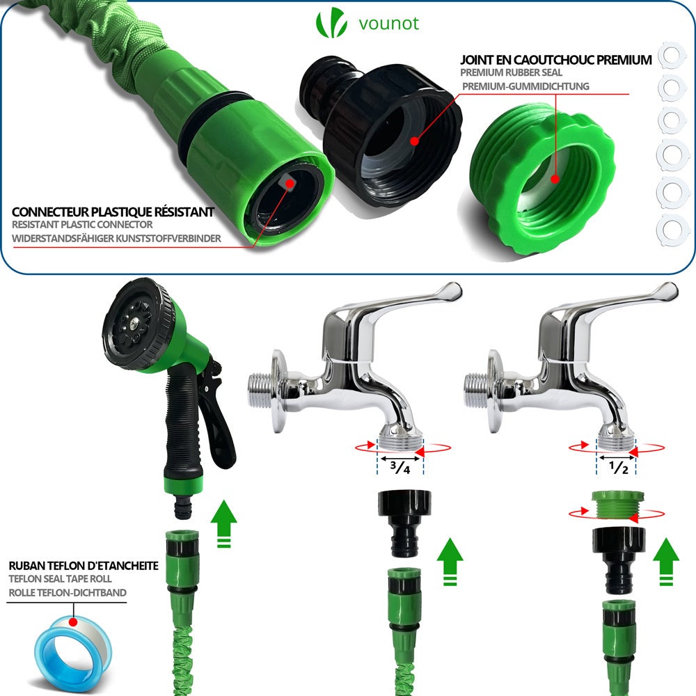 Tuyau d'arrosage extensible 30m vert - 10 modes de pulvérisation - raccord et sac de rangement inclus - flexible, anti-fuite - VOUNOT® - 4