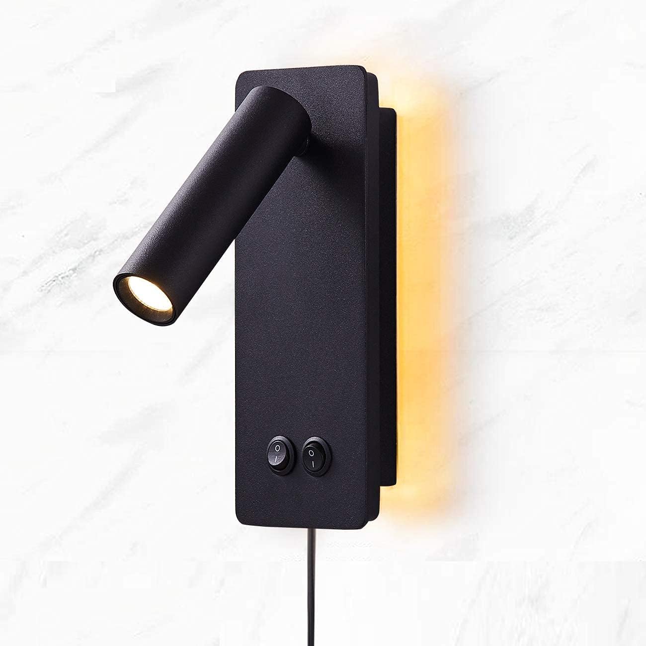 Lampa ścienna LED, lampka nocna do czytania z włącznikiem, światło nastrojowe do sypialni (LED*3+10W) czarny, ciepłe światło