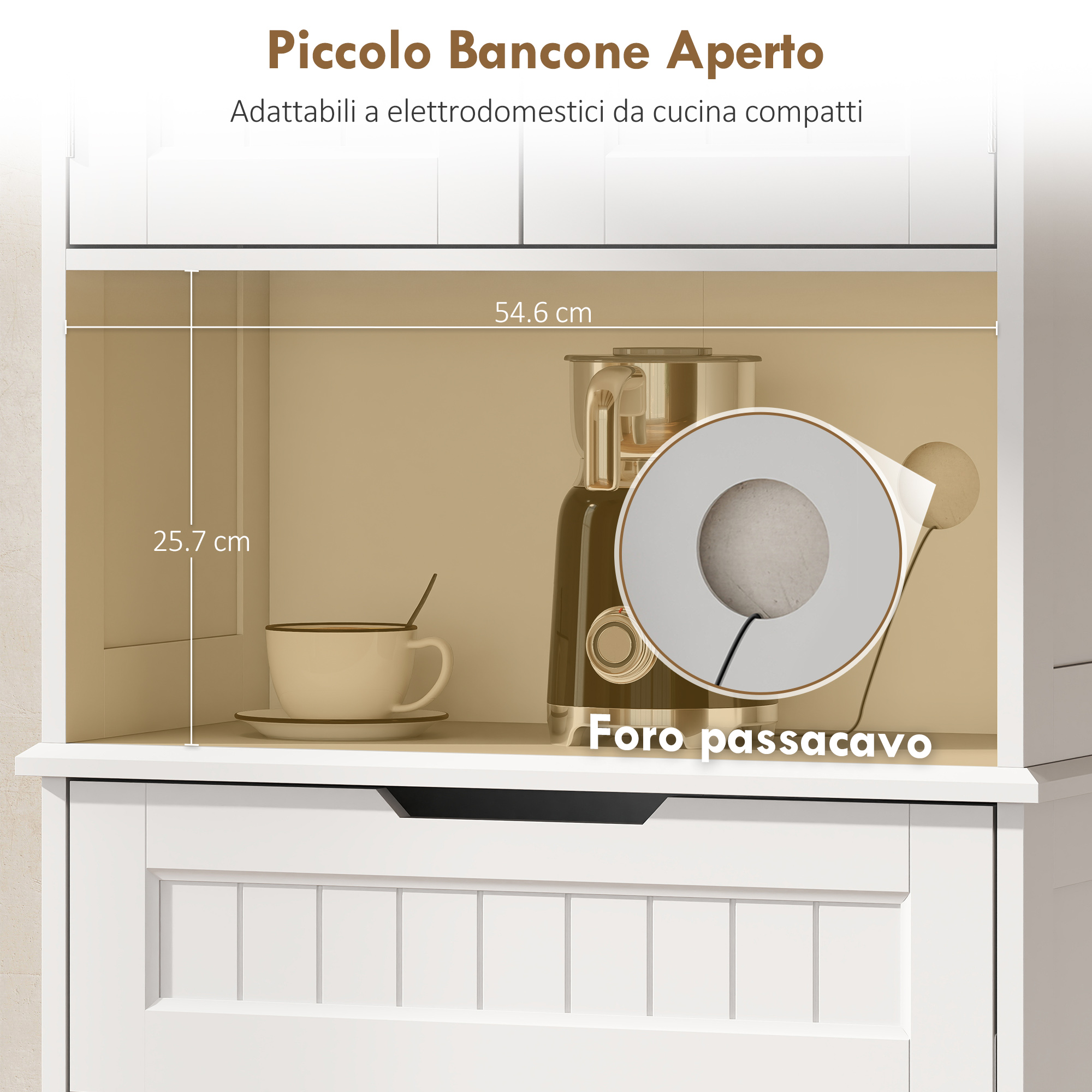 Buffet de cuisine haut, meuble de rangement avec gestion des câbles et support pour micro-ondes, meuble de cuisine à 2 portes, 60 x 30 x 172 cm, blanc - 6