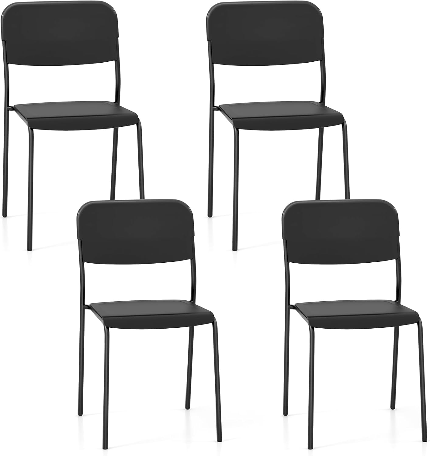 Zestaw 4 Krzeseł do Jadalni, Krzesła Sztaplowane z Metalową Ramą, Siedzisko z PP, Krzesła Kuchenne, Siedzisko 46 cm, do Kuchni, Biura, Salonu (Czarne)
