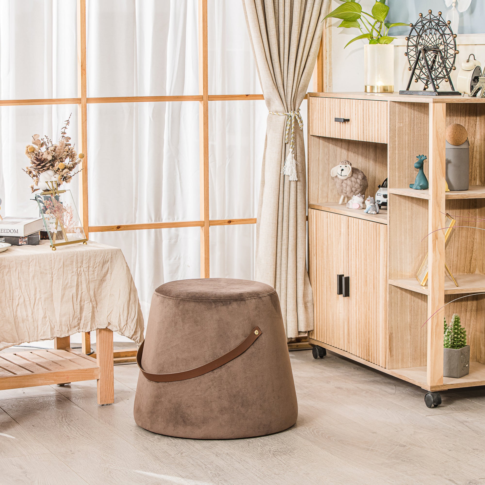 Nordlys - Pouf de Salon avec Poignee Velours Marron - 2