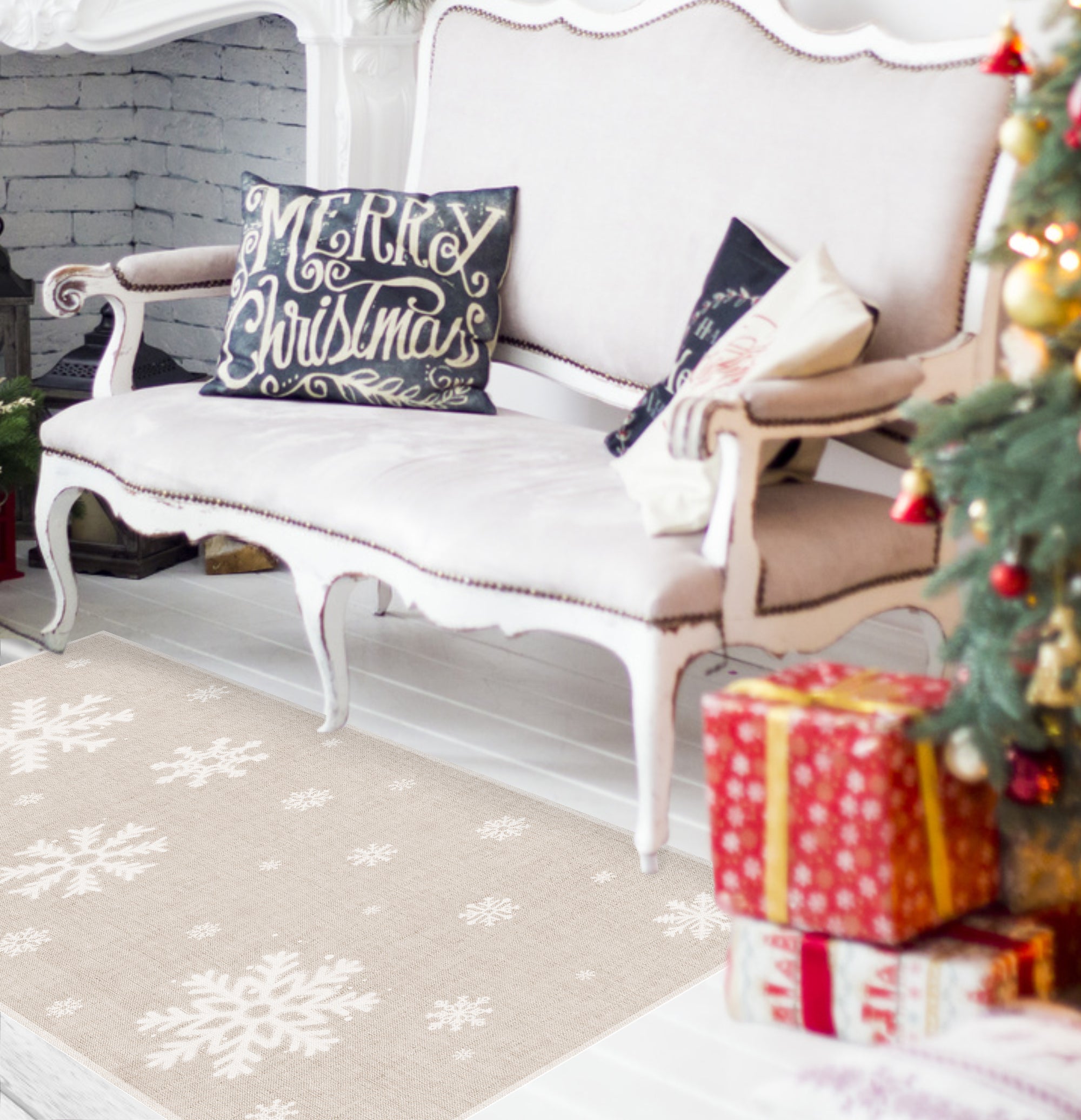 Alfombra de vinilo copos de nieve 65x150 cm - pvc antideslizante, impermeable, lavable, ignífuga, estilo navidad