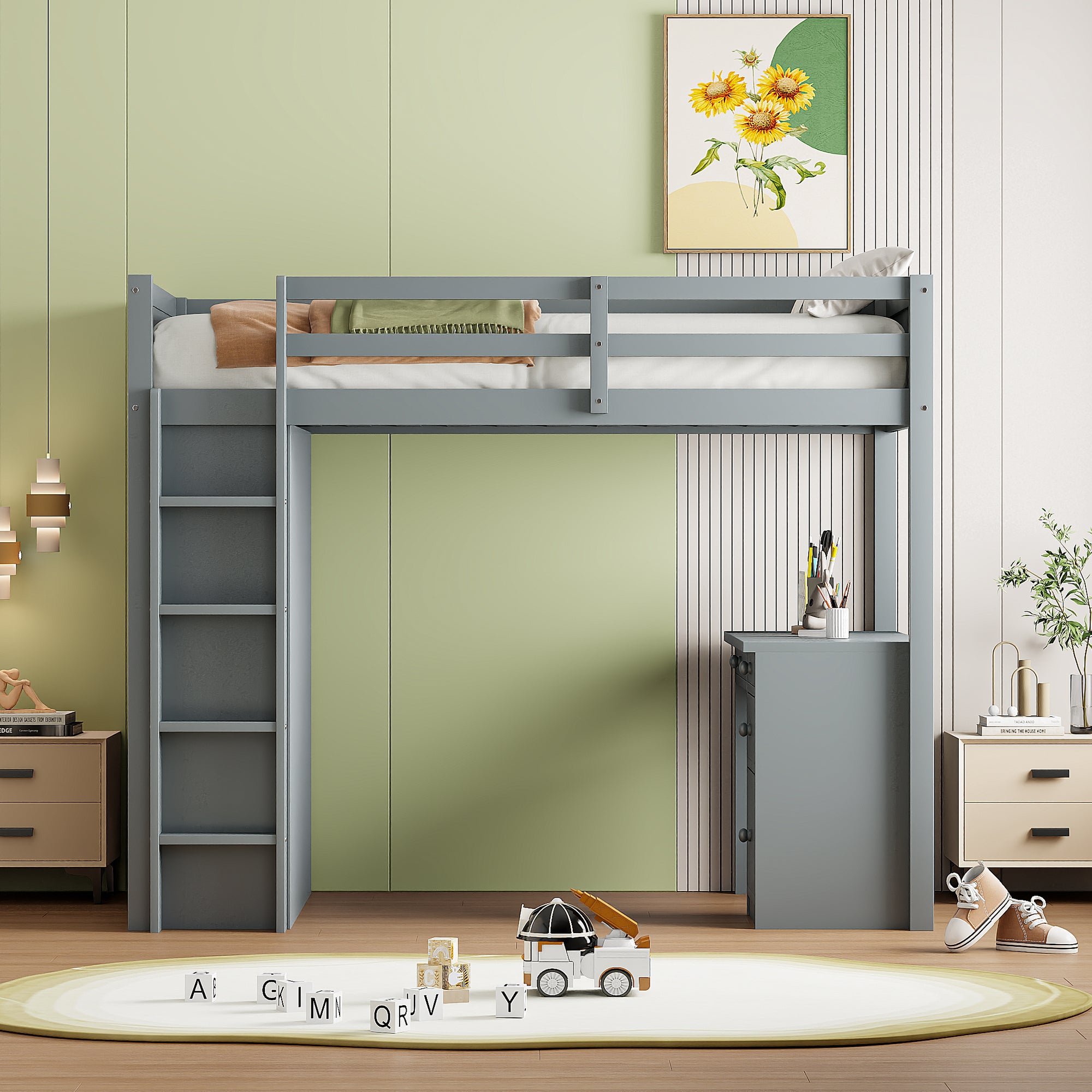 Letto a soppalco 90 x 200 cm con armadietti e scrivania per computer, letto a soppalco multifunzionale in legno per bambini in grigio - 3