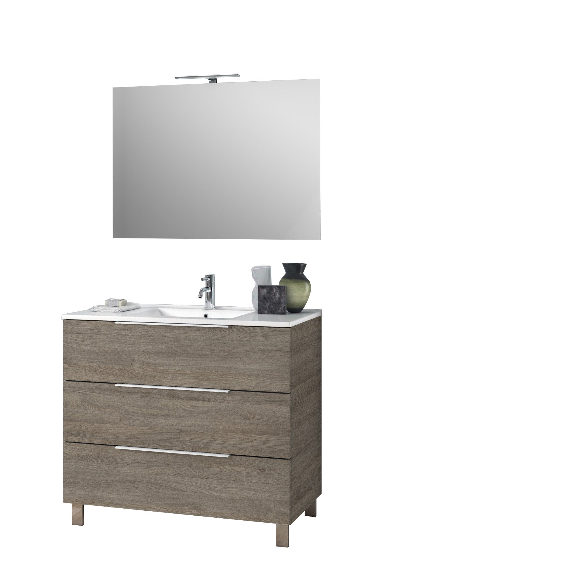 Ensemble Salle De Bain 4 Pièces Monal – Meuble Suspendu, Miroir Avec Étagère, Lavabo – Couleur Châtaignier Wroclaw