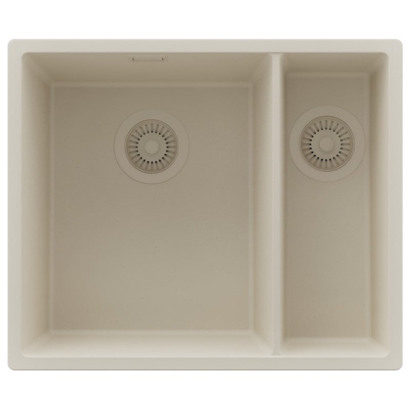 Zlewozmywak Beżowy 56x47cm, Zlew Kuchenny 1,5 Komorowy + Syfon, Nablatowy do szafki od 60cm - Londyn Slim Duo PRIMAGRAN