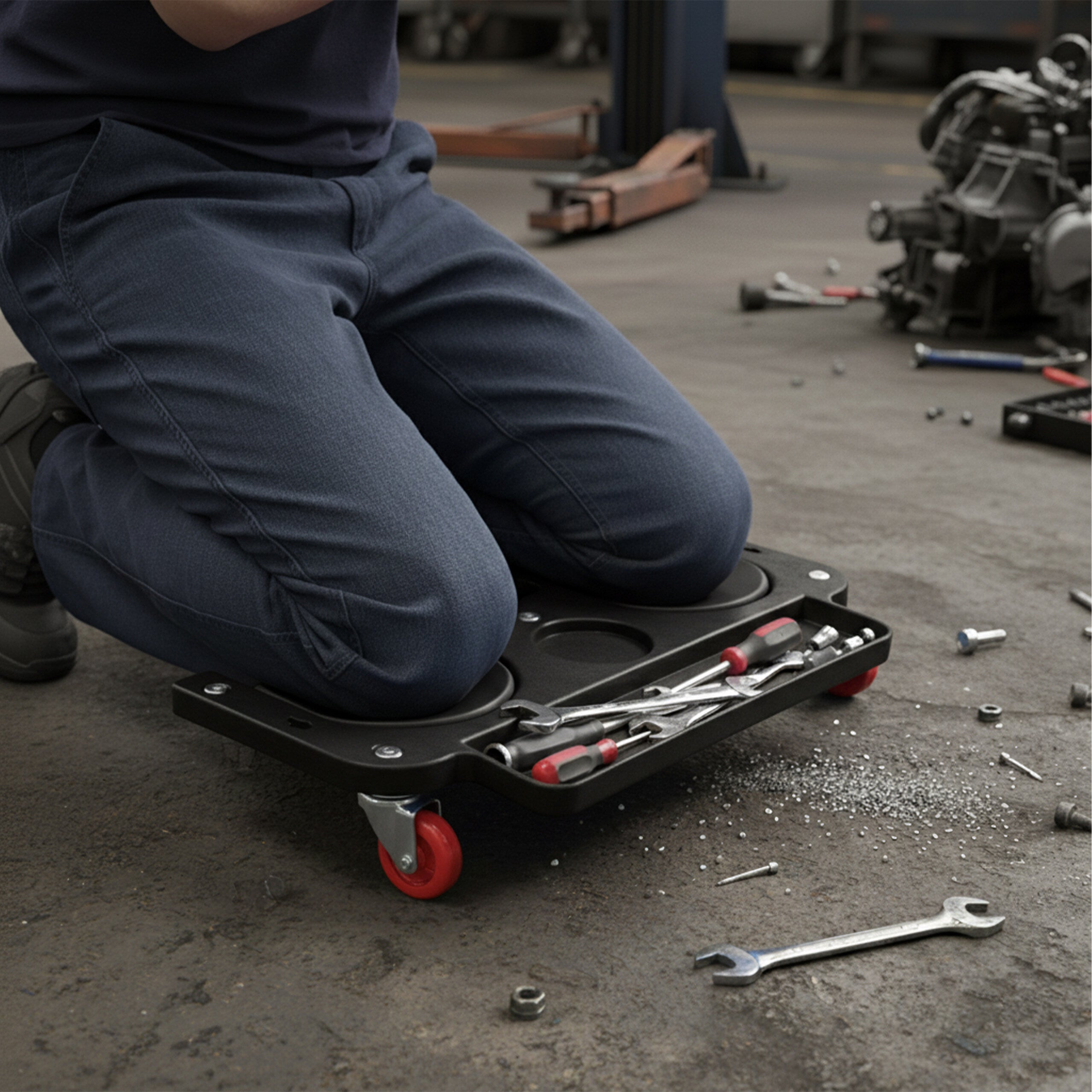 Planche roulante pour genoux, cap. 150 kg, roulettes, plateau porte-outils, LxP 50x25,5 cm, noir, relaxdays - 2