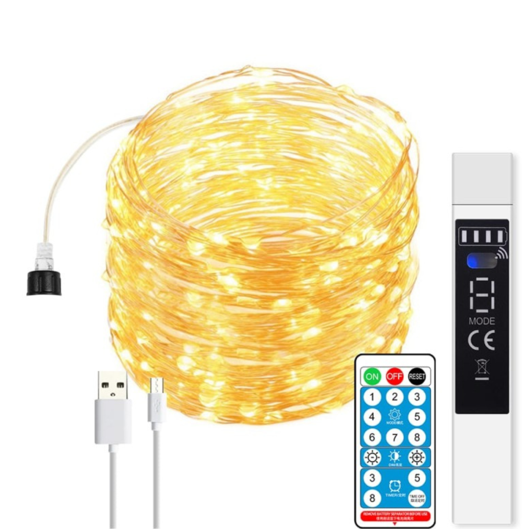 Girlanda świetlna ładowana przez USB 20m 200leds Ciepła z kontrolą baterii 1800MA
