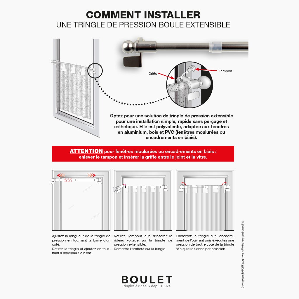 Kit tringle à rideaux Sans-Perçage Extensible 40-60cm Blanc - Boulet - 8