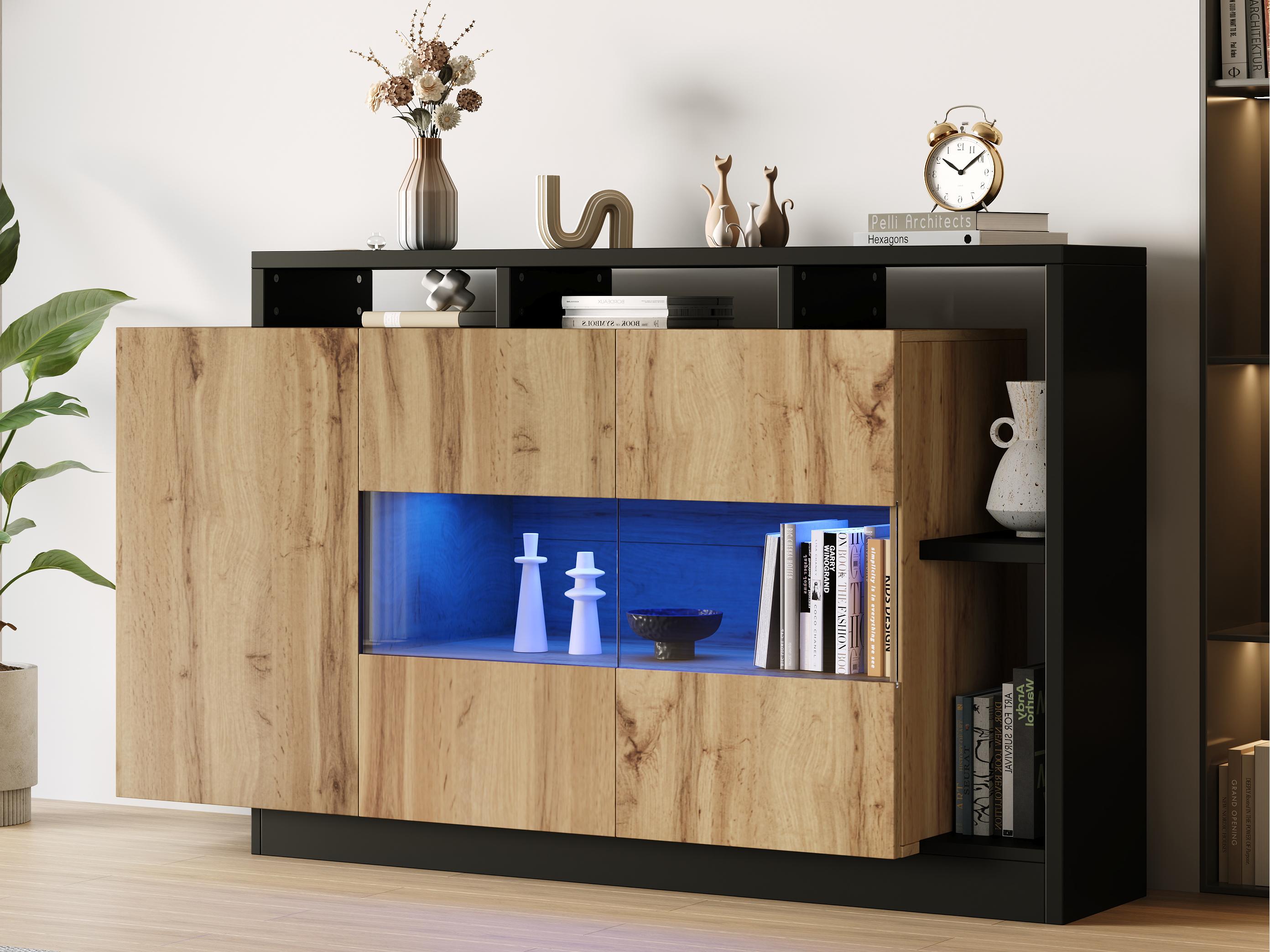 Nowoczesny bufet 140x44x94 cm - z oświetleniem LED - z 3 drzwiami - naturalny