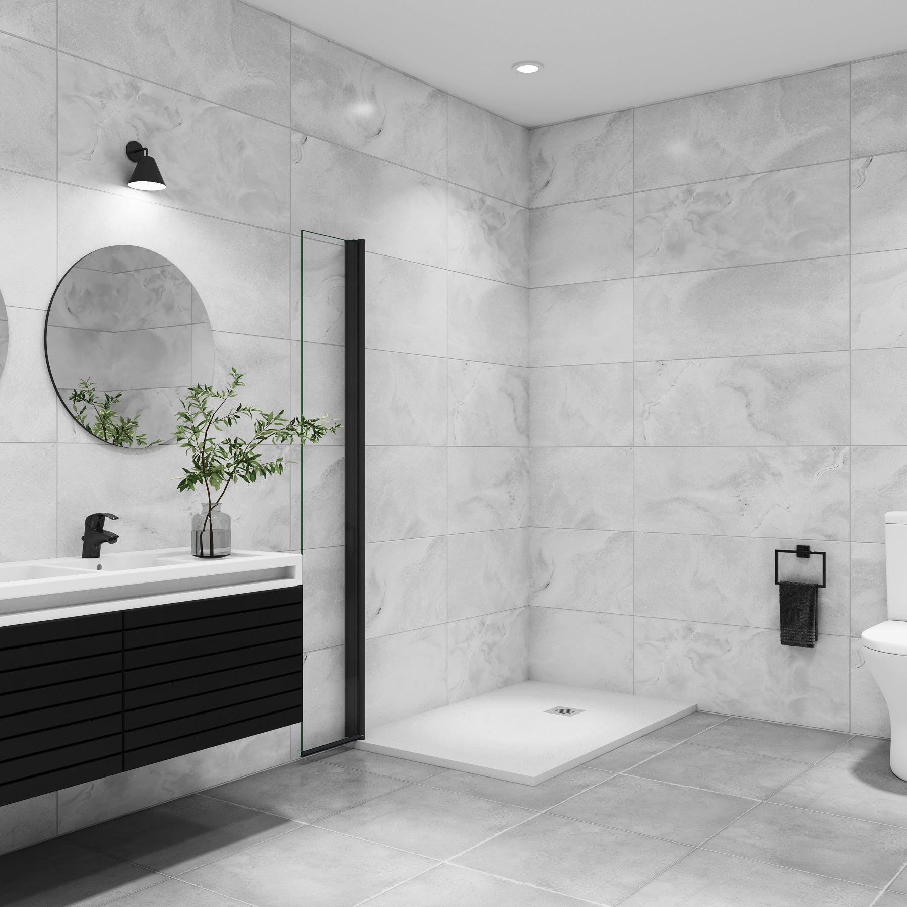 Paroi de douche à l'italienne pivotante 35x200cm paroi de douche retour pivotant mural en verre 8mm anticalcaire, profilé en alu Noir mat - 2