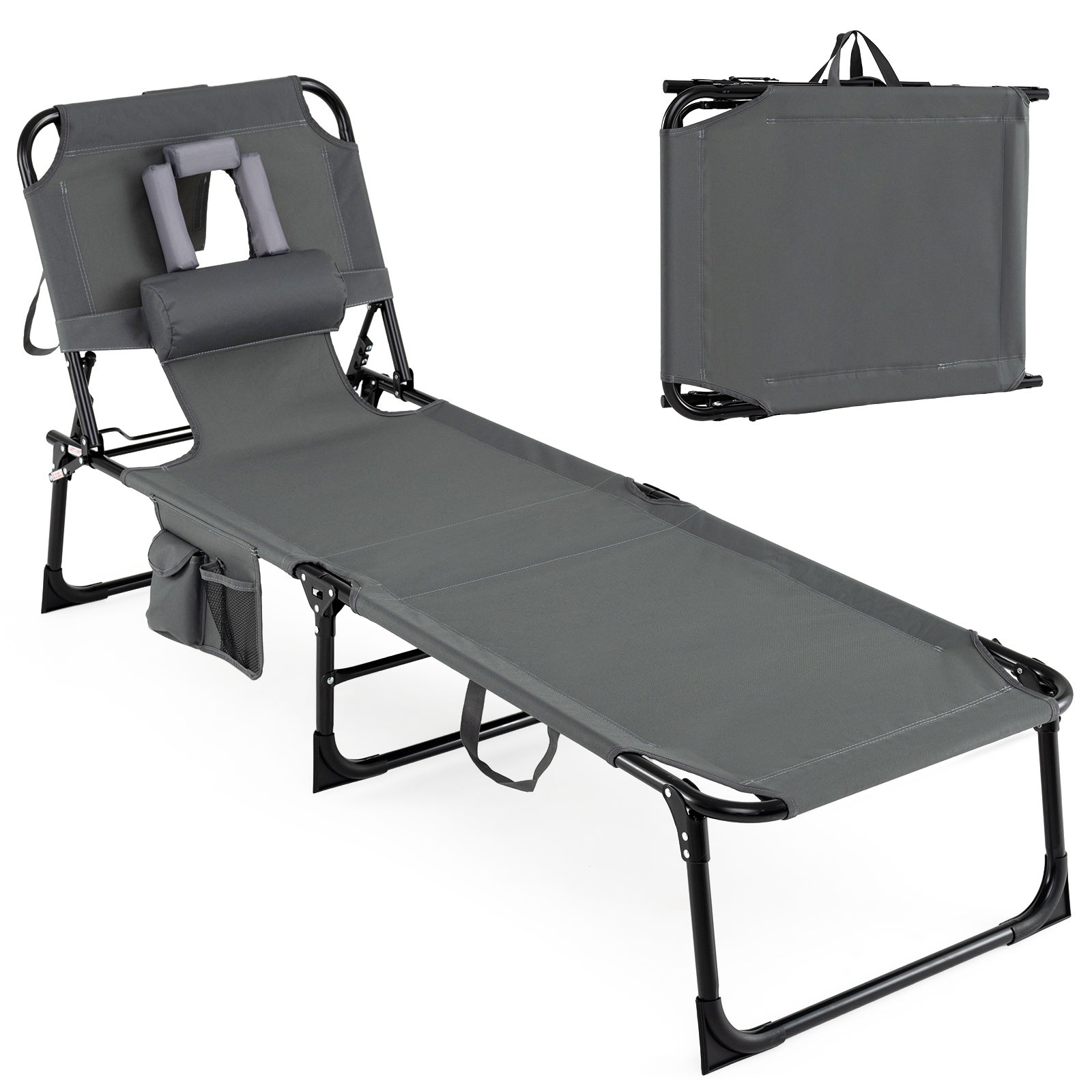 Șezlong rabatabil în 5 poziții, cu orificii față și brațe, husă și tetieră, metal și țesătură Oxford, capacitate încărcare 150 kg, gri