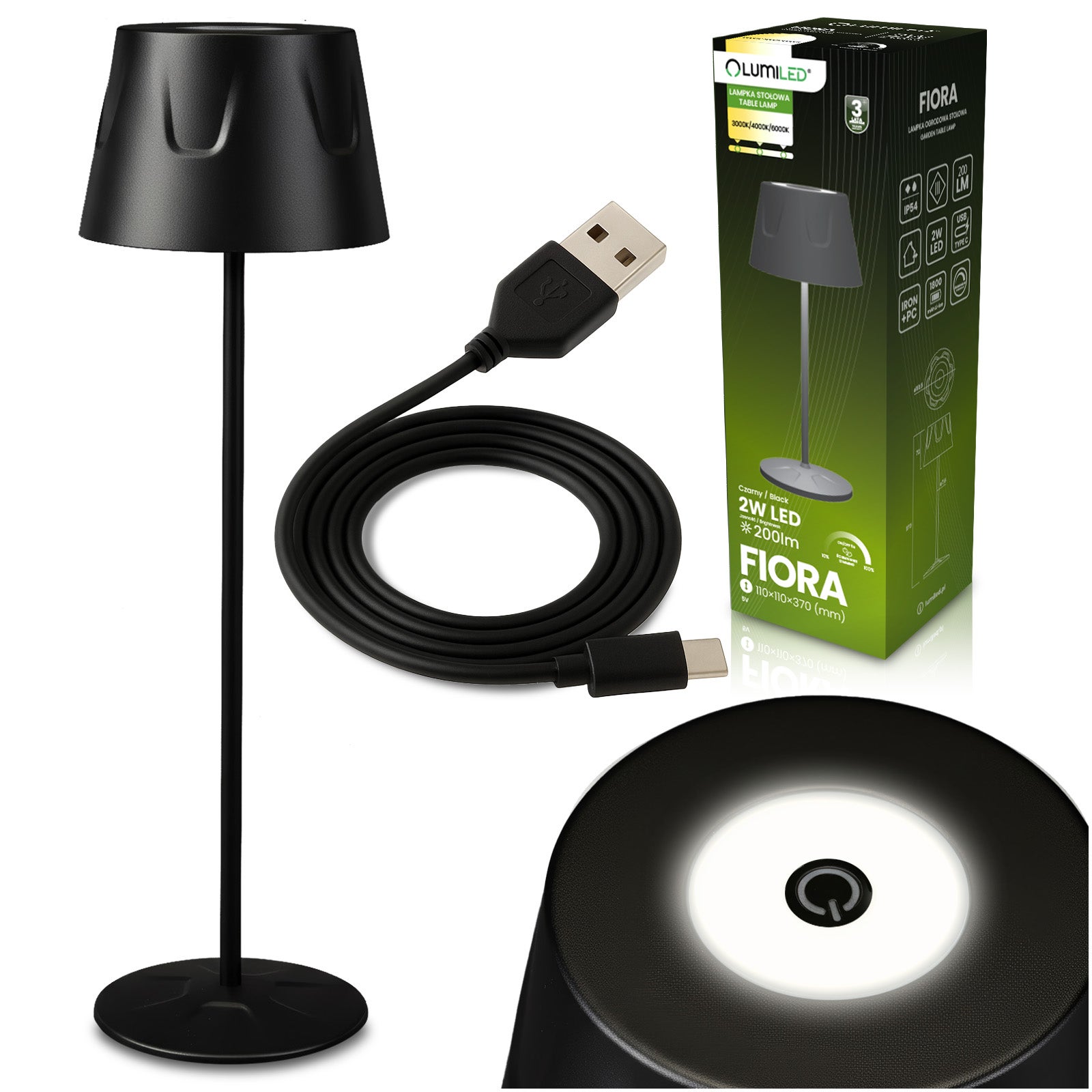 Lampa Ogrodowa Lumiled LED Stojąca Ozdobna Stołowa Nocna USB Ściemnialna Dotykowa Czarna 1 szt.