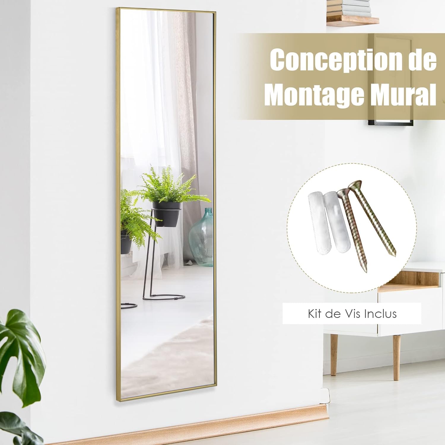 Miroir Mural-Miroir à Suspendre sur Porte, 120 x 37 CM, Or - 6