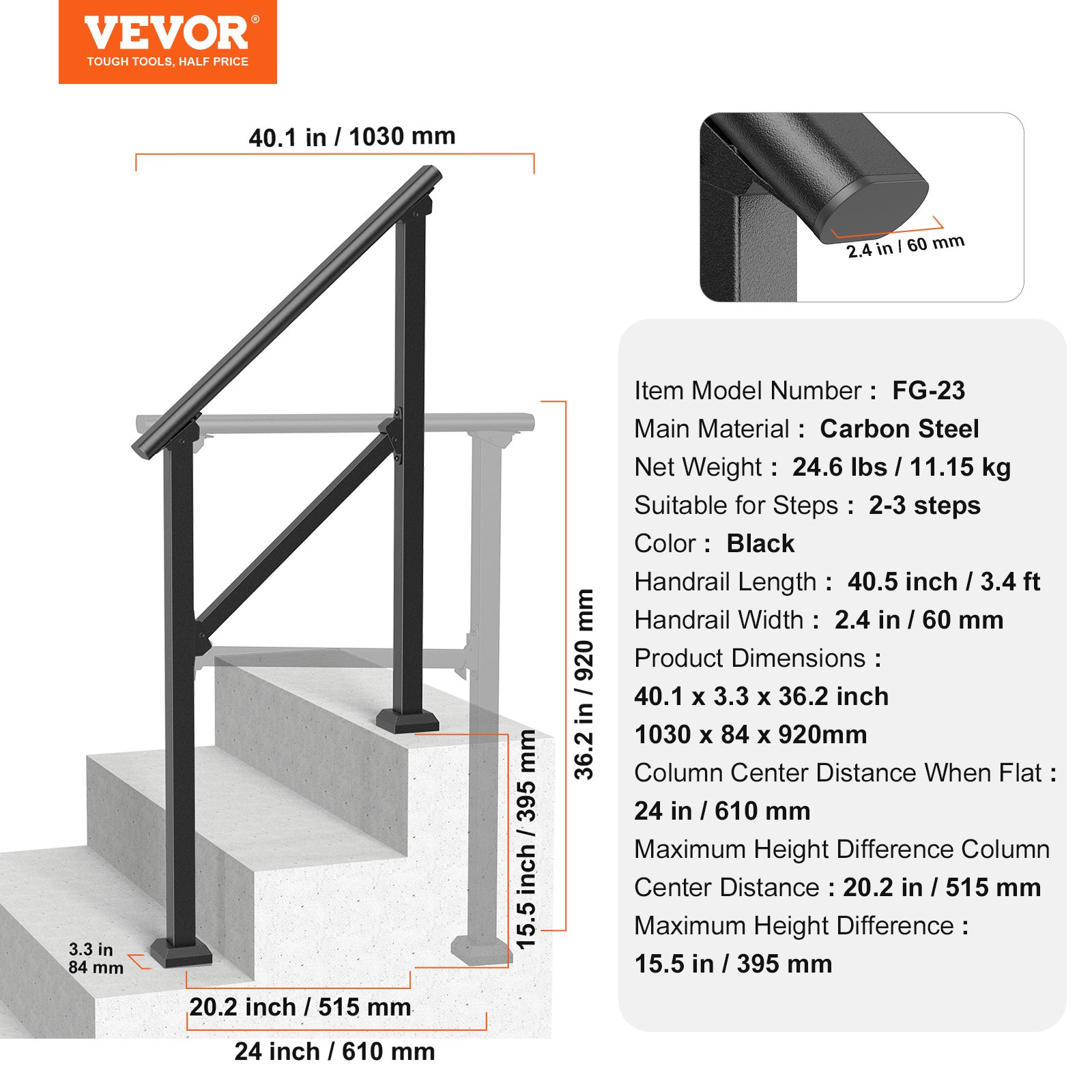 Kit de rampe d'escalier extérieur,VEVOR en acier au carbone,avec kit d'installation,marches en béton,porche et terrasse,tube carré noir - 7