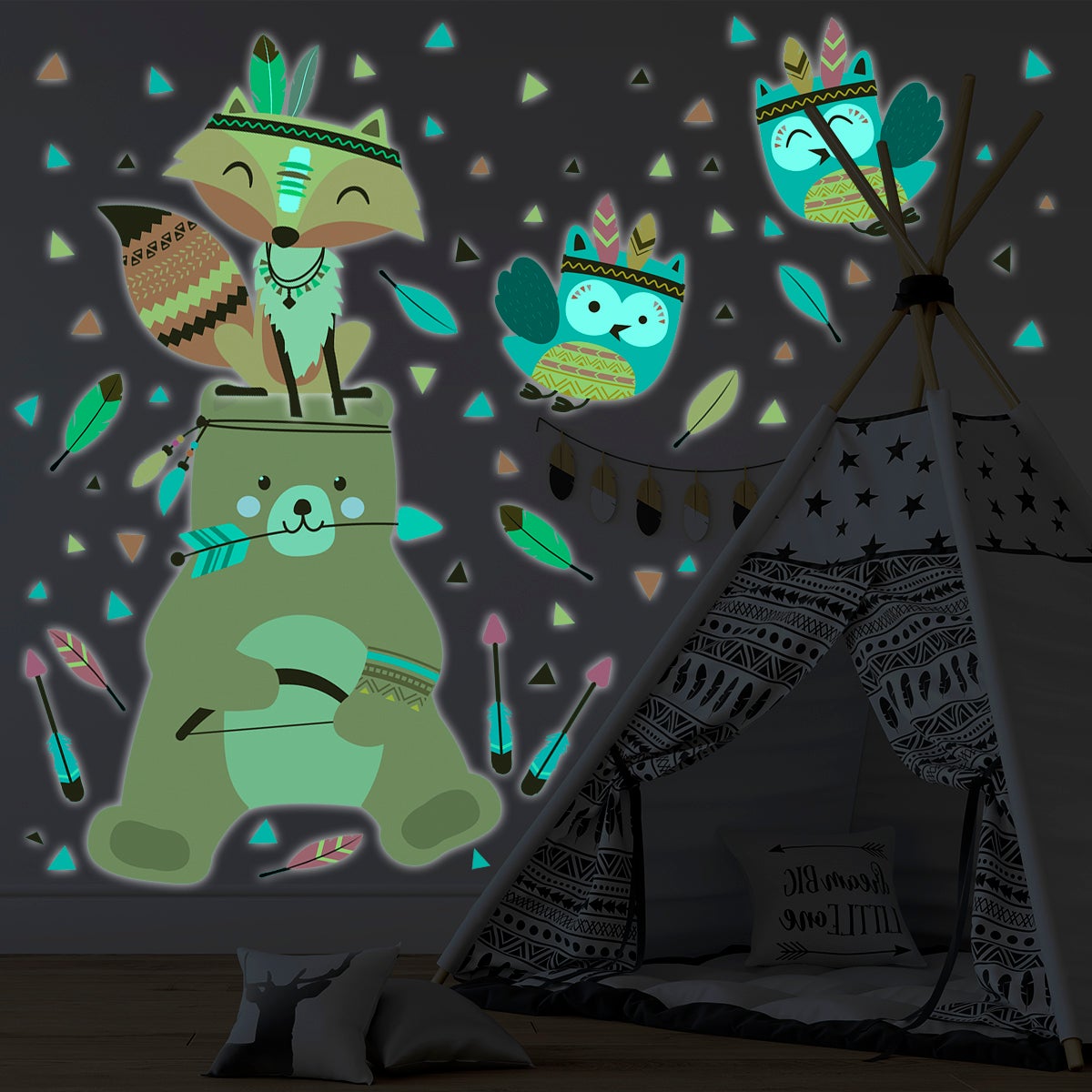 Adesivi fosforescente con orsacchiotto e animali indiani - Sticker adesivo - adesivi murali - 40x30cm - 5