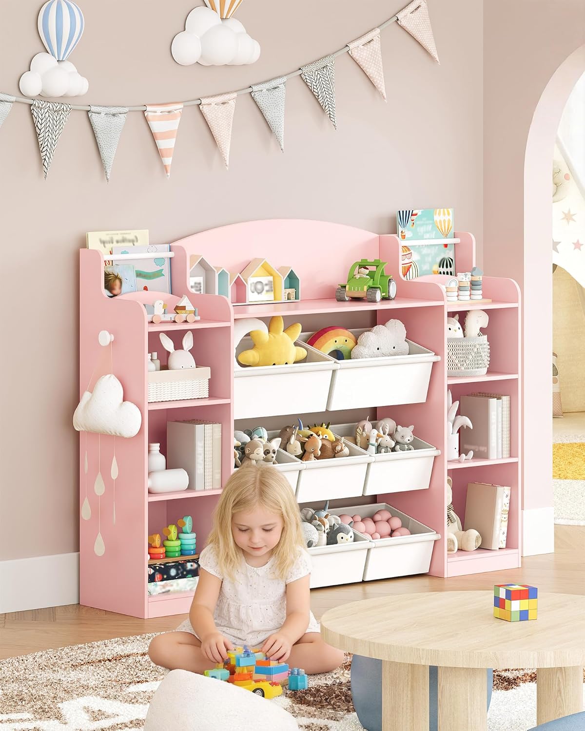 Estante Infantil em Madeira com 8 Caixas em Tecido Não Tecido,Organizador de Brinquedos para Quarto Infantil, Sala de Estar ou Espaço de Estudo,Rosa - 2