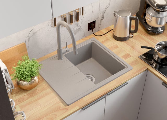 Evier Cuisine en Granit Gris 62x50cm, Lavabo 1 bac + Kit de Vidage, Évier à Encastrer au meuble 40cm - Milan PRIMAGRAN