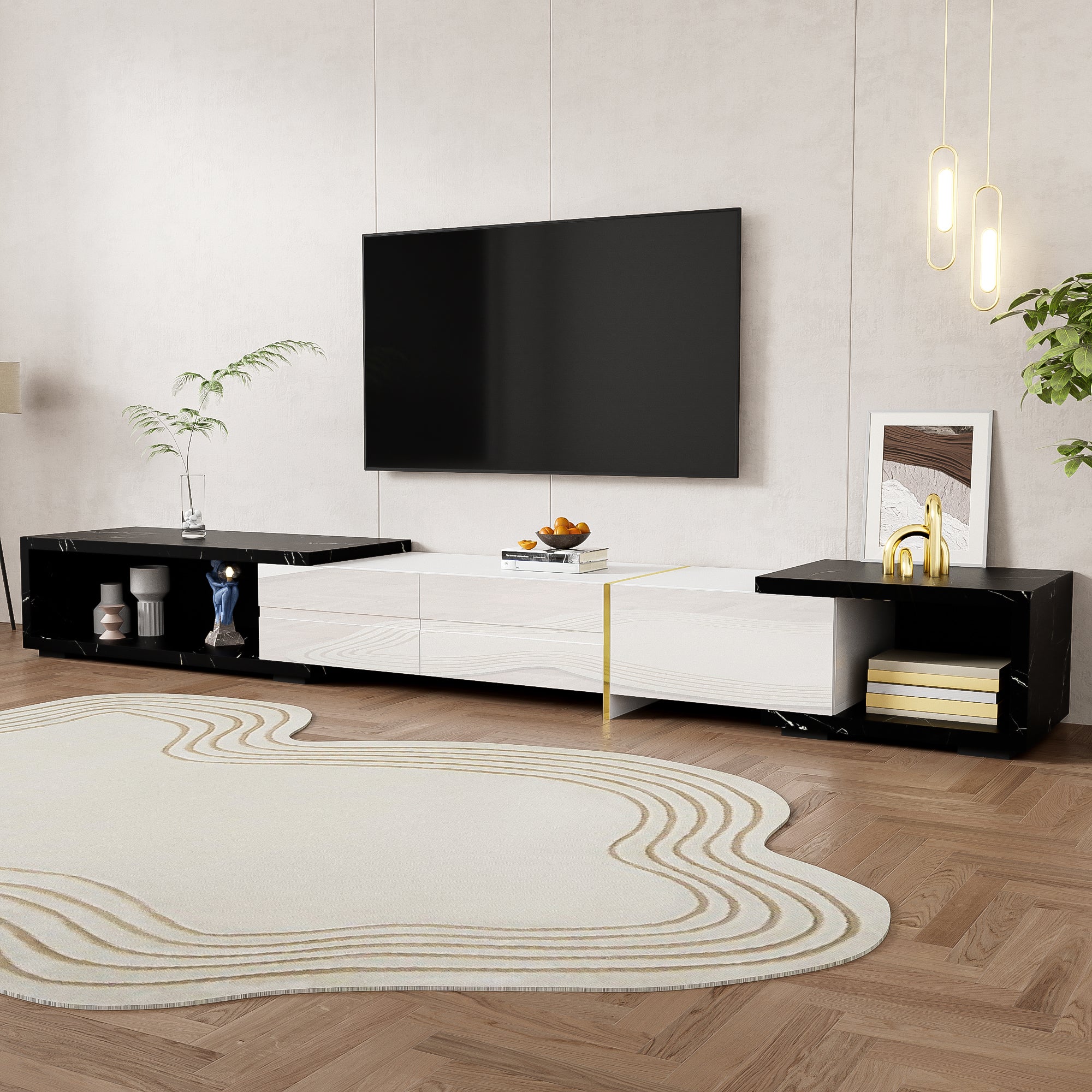 Rozsuwana i obrotowa szafka RTV z 3 drzwiami - 140/260 x 40 x 30 cm - Efekt marmuru - MDF - Czarny + biały