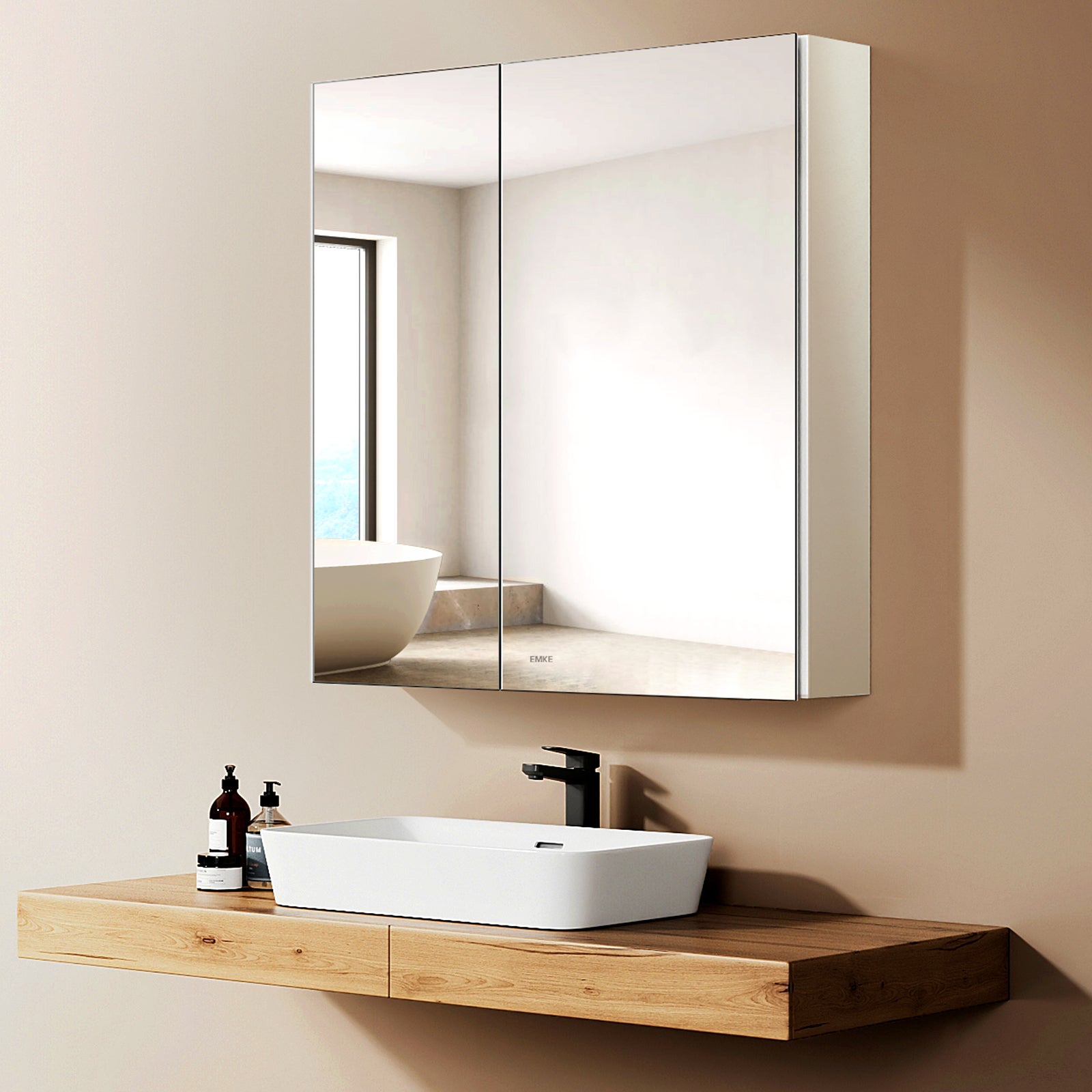 EMKE Szafka łazienkowa z lustrem 60 x 65 x 14,5 cm – 2 drzwi lustrzane, regulowane półki, matowa biel