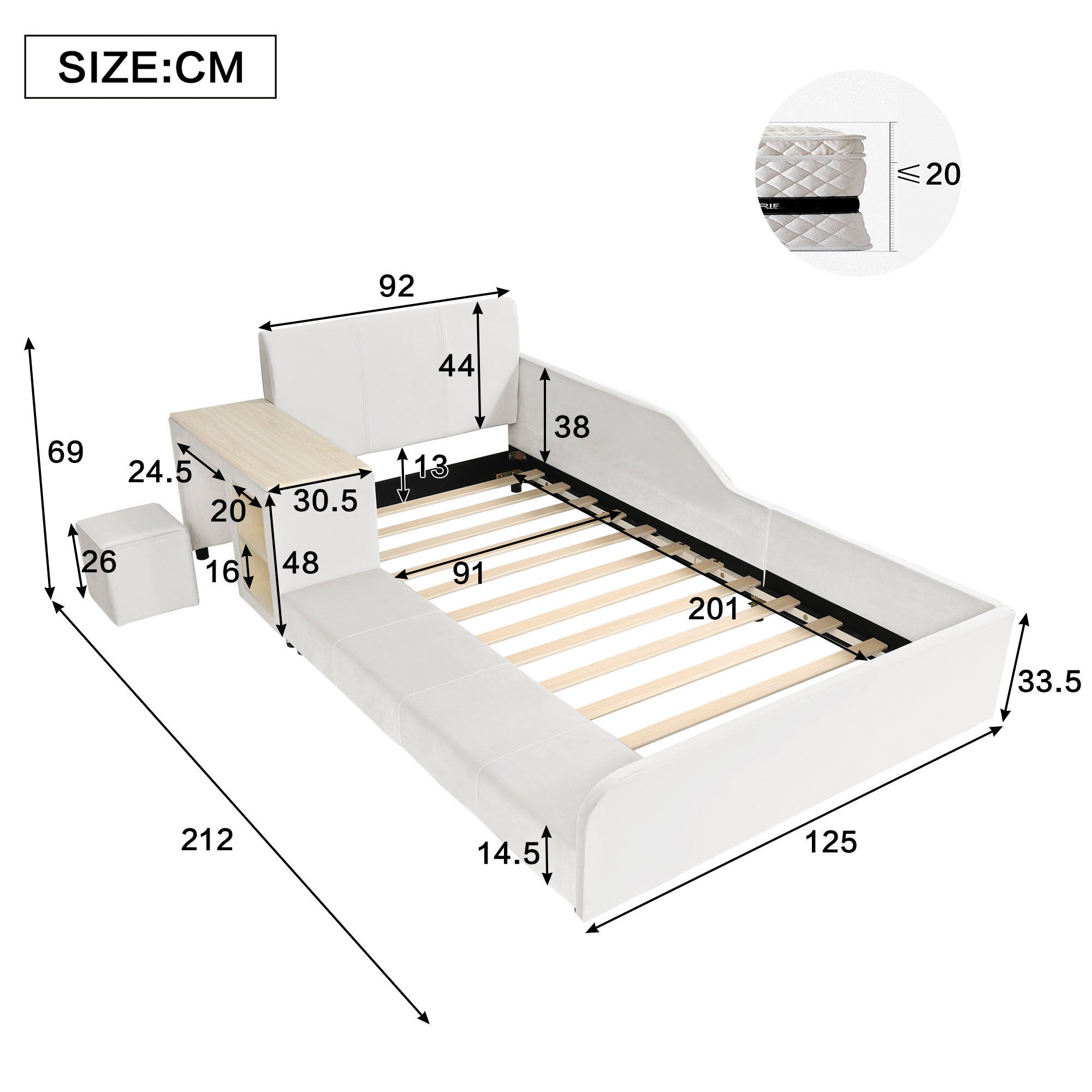 Łóżko tapicerowane 90 x 200 cm z biurkiem i taboretem - Półka - Aksamit - Białe (materac nie jest wliczony w cenę) - 7