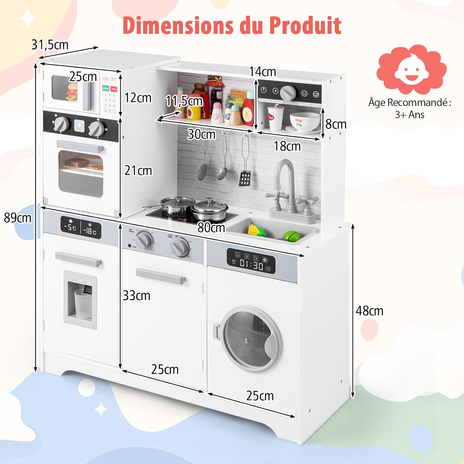Cuisine Enfant avec Distributeur d’Eau & Machine à Laver, Cuisiniere Enfant avec Lumière & Effet Sonore,Micro-Ondes & Cafetière,Jeu de Cuisine - 5