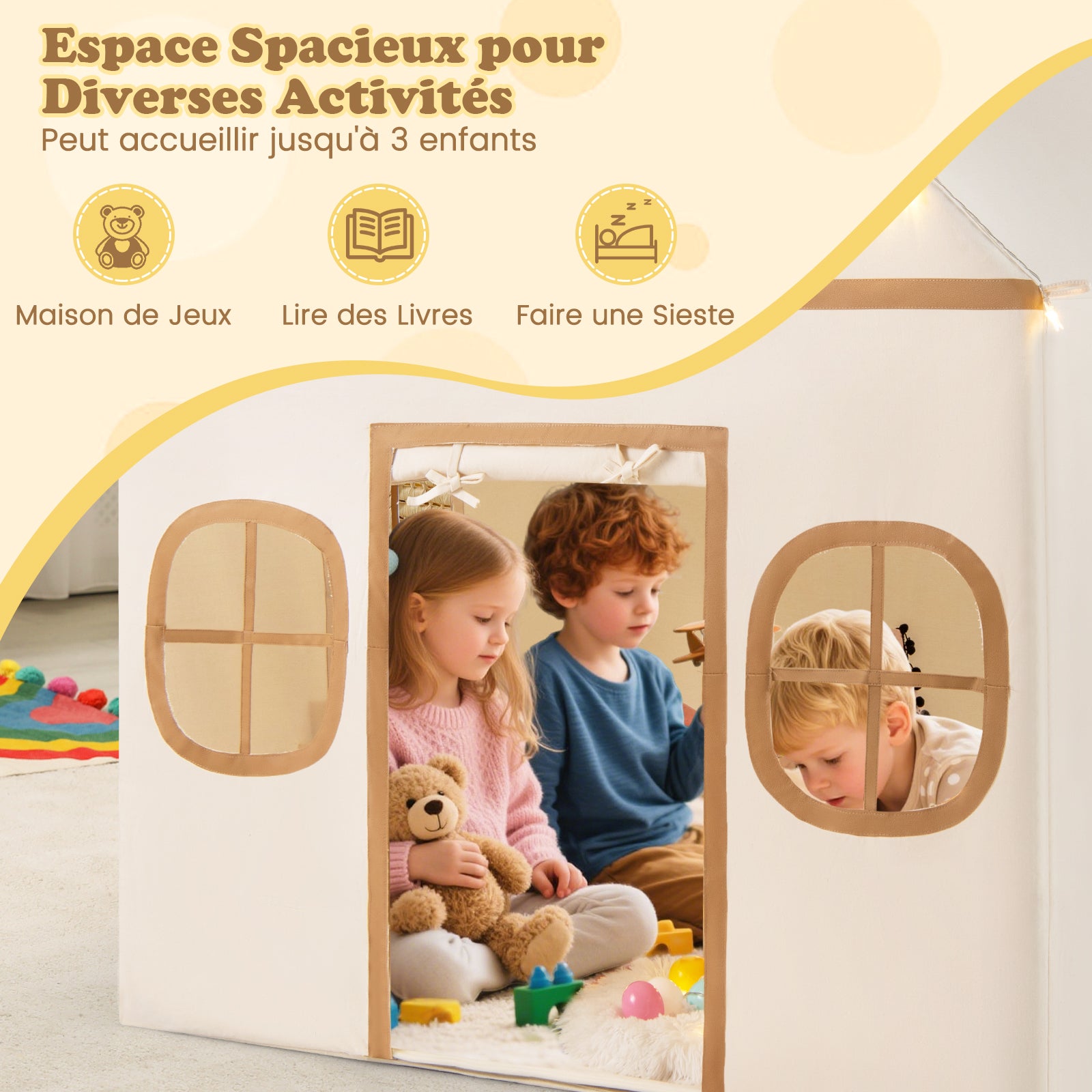 Tente de Jeux Enfant avec 4 Fenêtres et Guirlandes Lumineuses Étoiles, Cabane Enfant Interieure avec Tapis Antidérapant, pour 3-10 Ans, Gris + Beige - 4