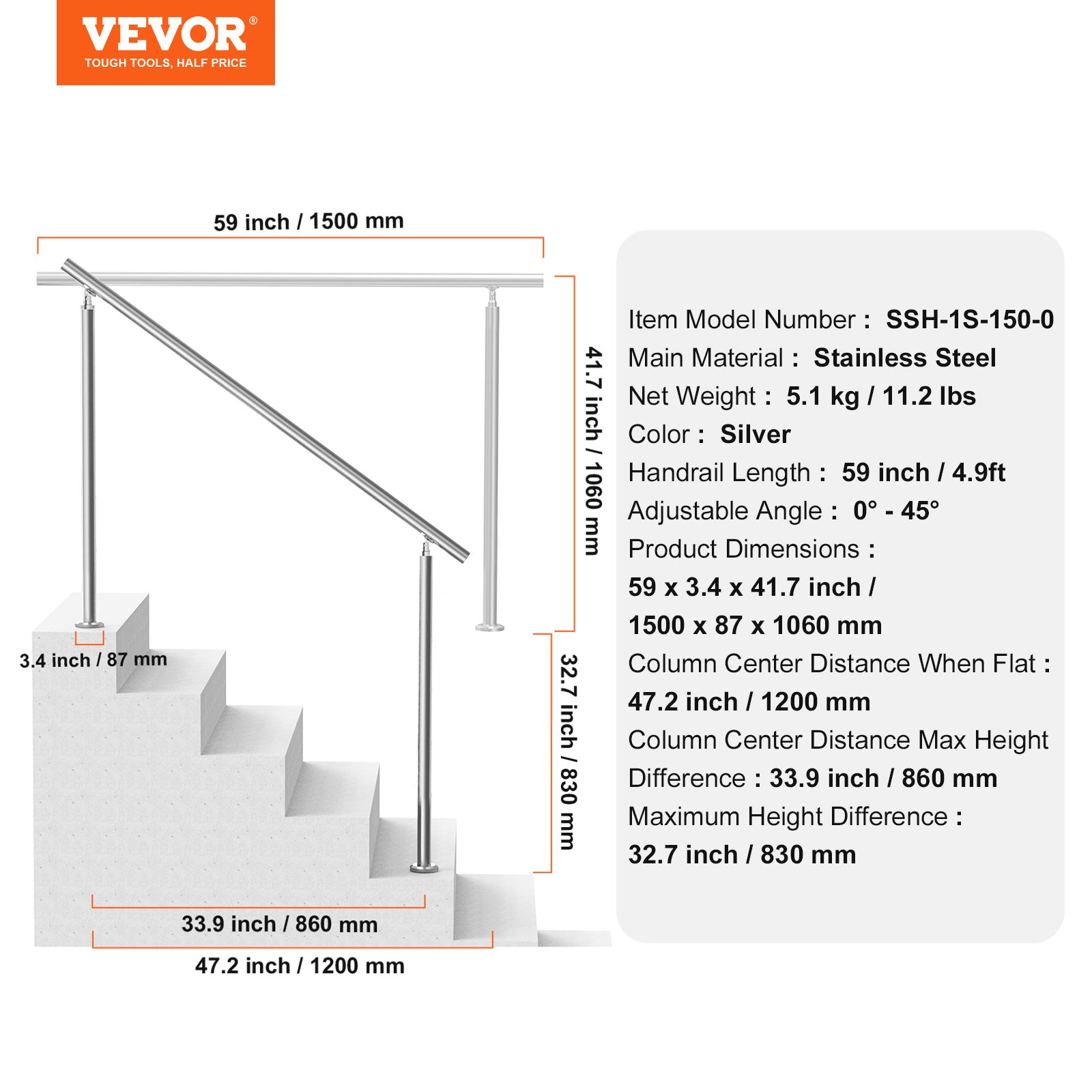 Rampe d'escalier extérieure,VEVOR ensemble de rampe d'escalier de 150 cm long avec kit montage,en acier inoxydable,adapté aux porches et terrasses - 7