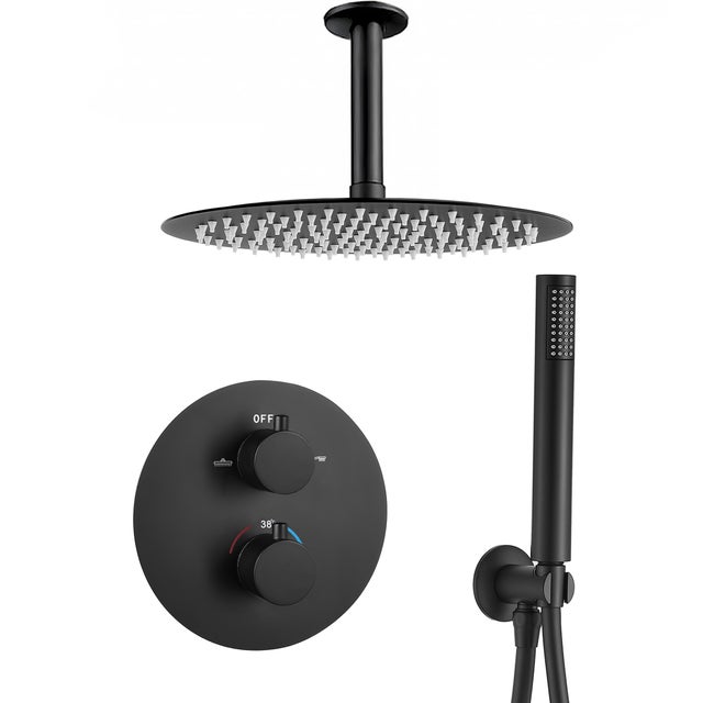 Valaz Douche thermostatique encastrée ronde noir mat - Série Jucar - 25 cm