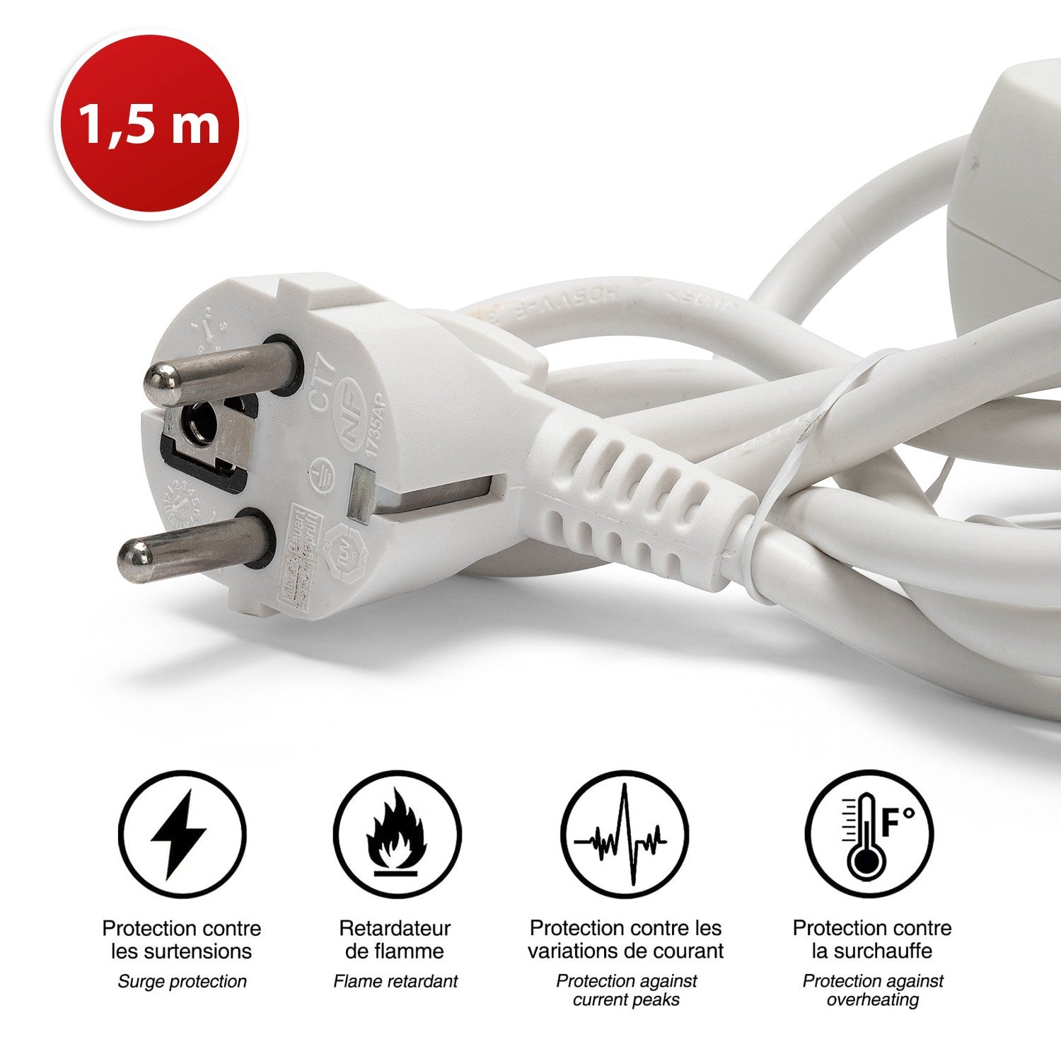 Multiprise française avec 3 sorties 2P+T et 2 prises USB. Câble de 1,5 m - 4