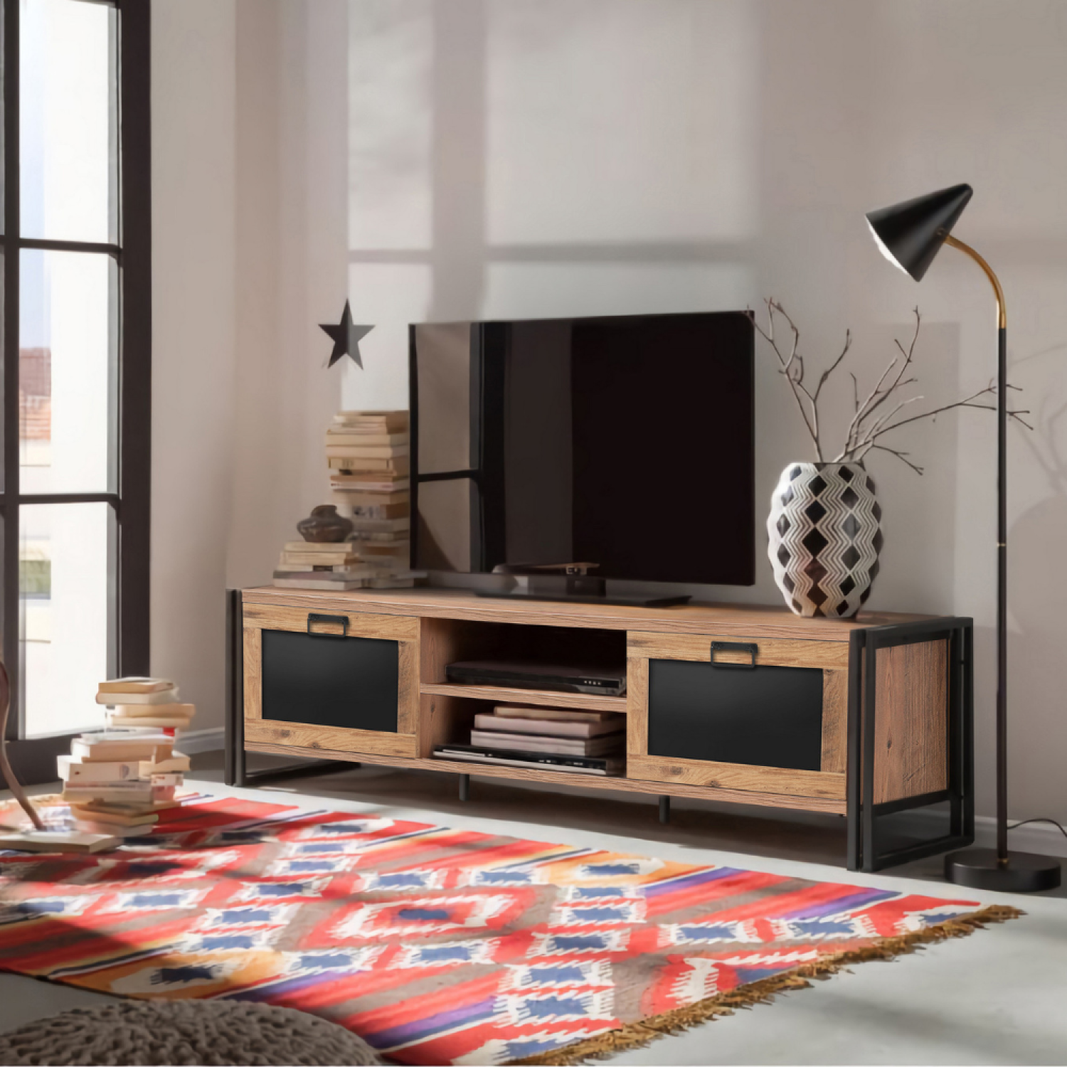 Grand Meuble TV Industriel Vintage - Bois Massif Et Métal - 124cm (pour écrans >65\")