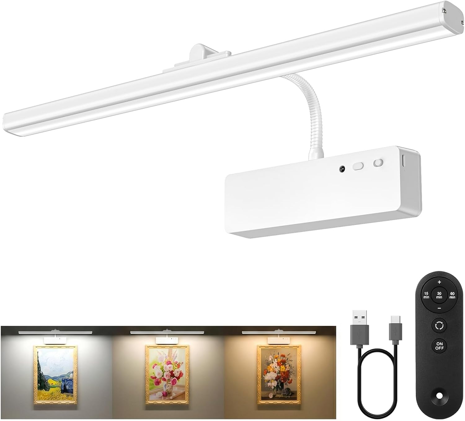 Bezprzewodowa lampa do obrazów (39 cm) – akumulatorowa, bateria 5400 mAh, pilot w zestawie, 3 temperatury barwowe, z timerem i regulacją jasności