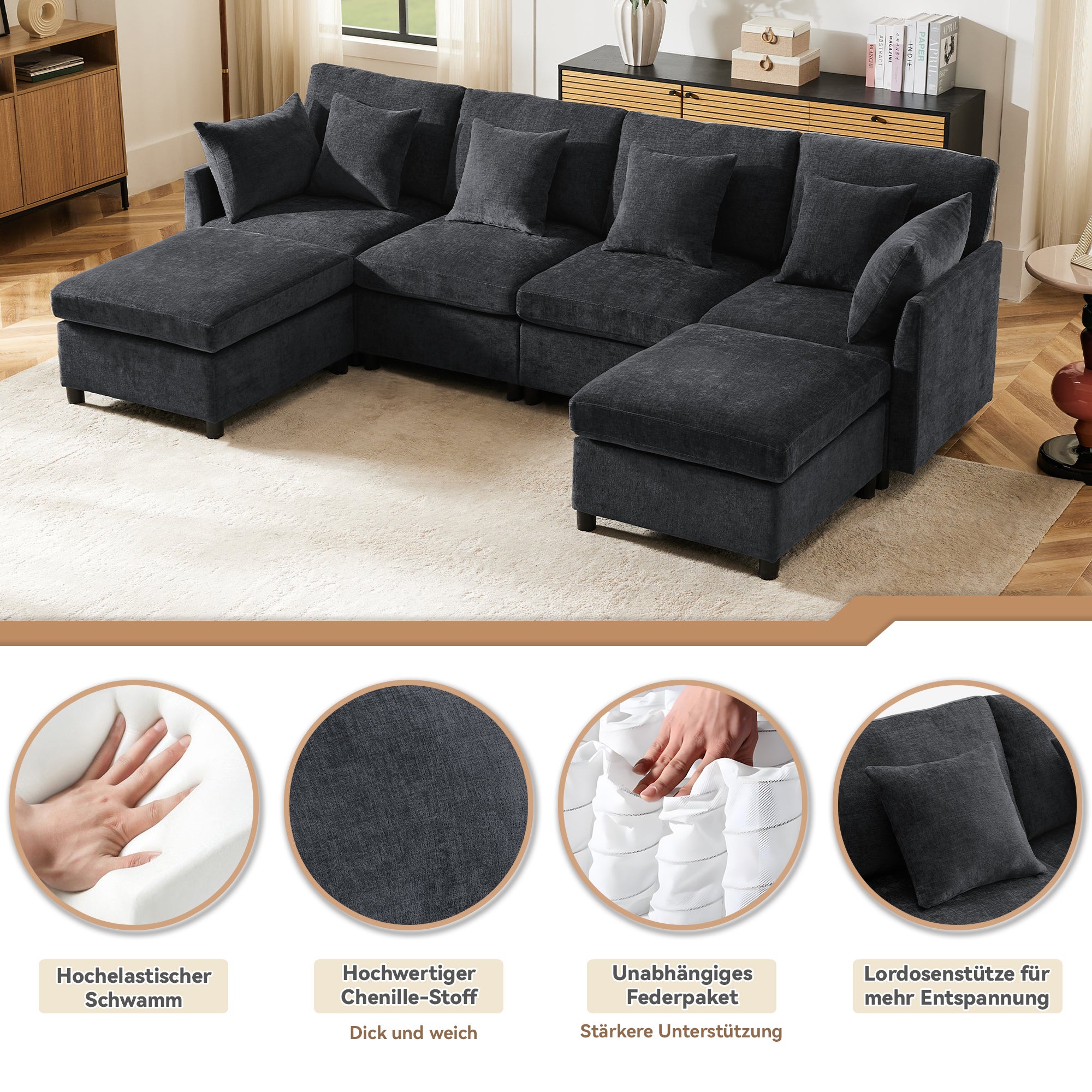 Canapé d'Angle Modulaire 6 Places avec Pouf Amovible , Canapé Moderne en Tissu Chenille Gris - 5
