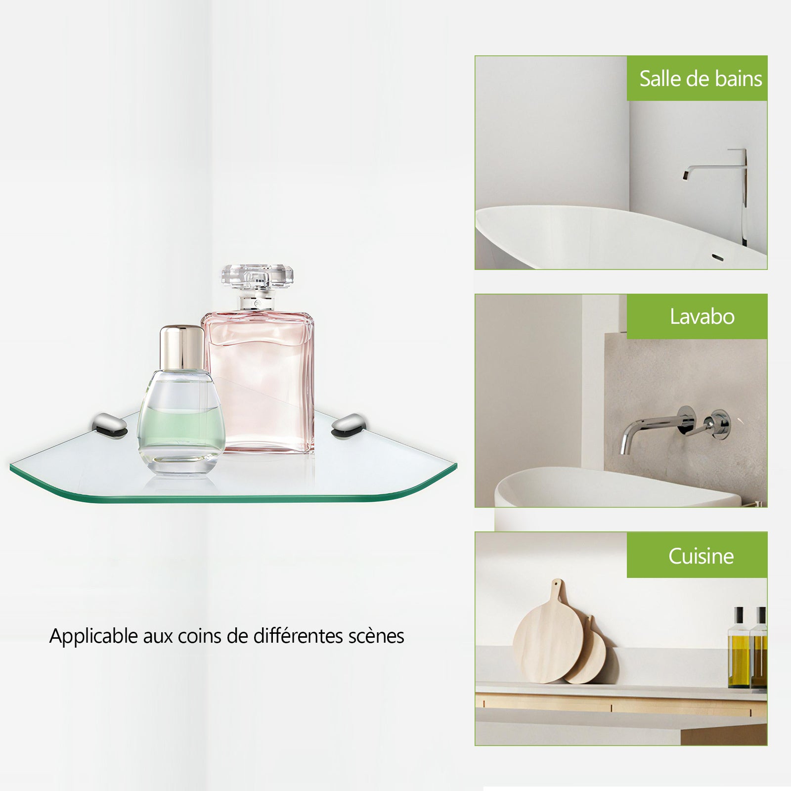 Étagère murale en verre d'angle 23×23 cm, 6 mm d’épaisseur, pour salle de bain – support chromé – 2 pièce S’AFIELINA - 2