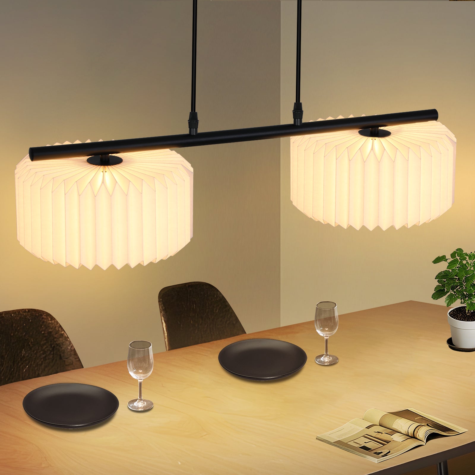 ZMH Wisząca lampa vintage długa - Abażur papierowy biały 2 źródła światła (bez żarówki)
