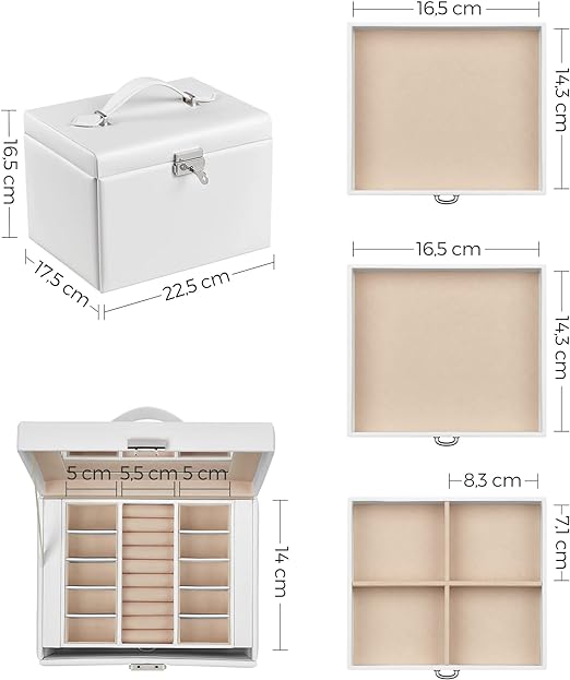 Boîte à Bijoux 4 Niveaux, avec Poignées, 3 Tiroirs, Miroir, Serrure, Rangement pour Bijoux pour Voyages, Blanc Classique - 5