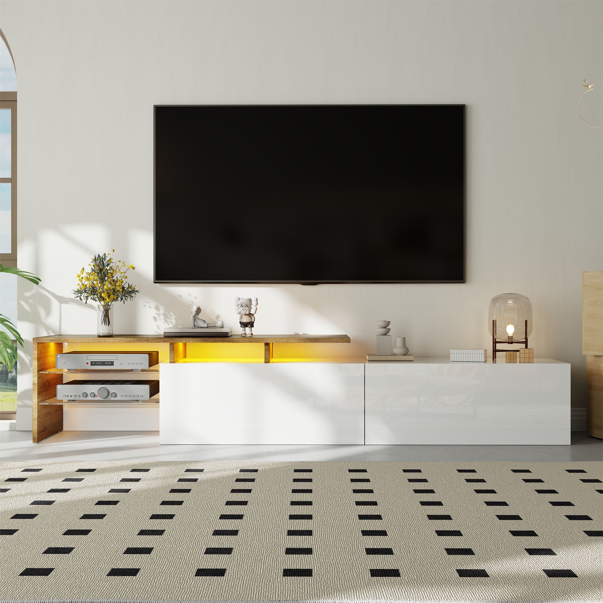 Szafka RTV z 2 szufladami i 2 szklanymi półkami - 170 x 33 x 33,5 cm - LED - Płyta wiórowa - do salonu - Biały + naturalny