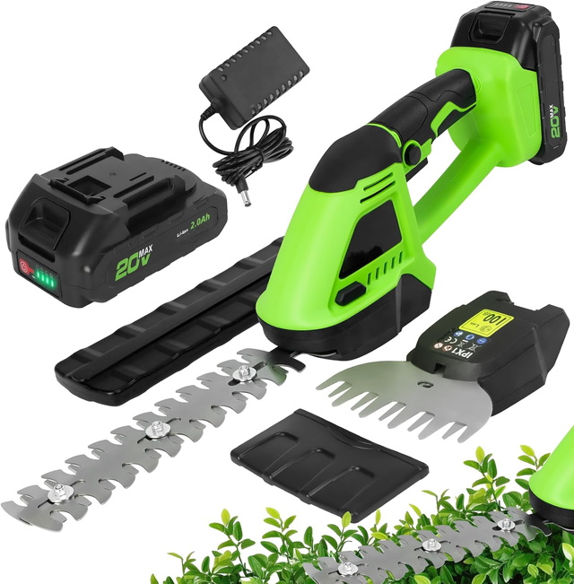 Cisaille à Gazon 2-en-1 Sans Fil – Taille-Haie Électrique avec 2 Lames (13/20cm) et Batterie 2000mAh – Idéal pour Gazon, Buissons, Arbustes