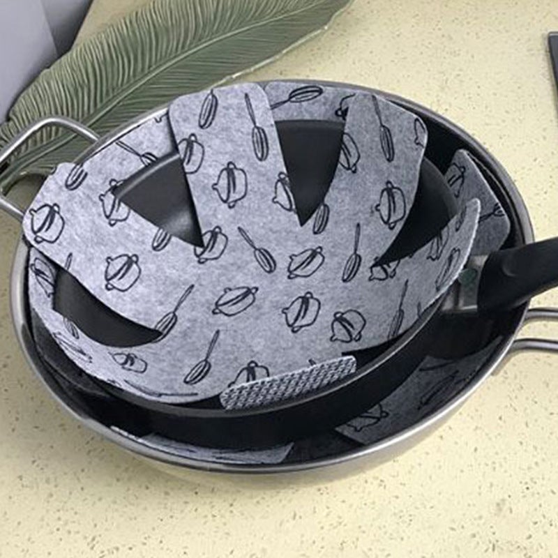 Zestaw 3 szarych osłon na patelnie, w trzech różnych rozmiarach, z nadrukowaną powłoką filcową chroniącą powierzchnię naczyń kuchennych przed - 3