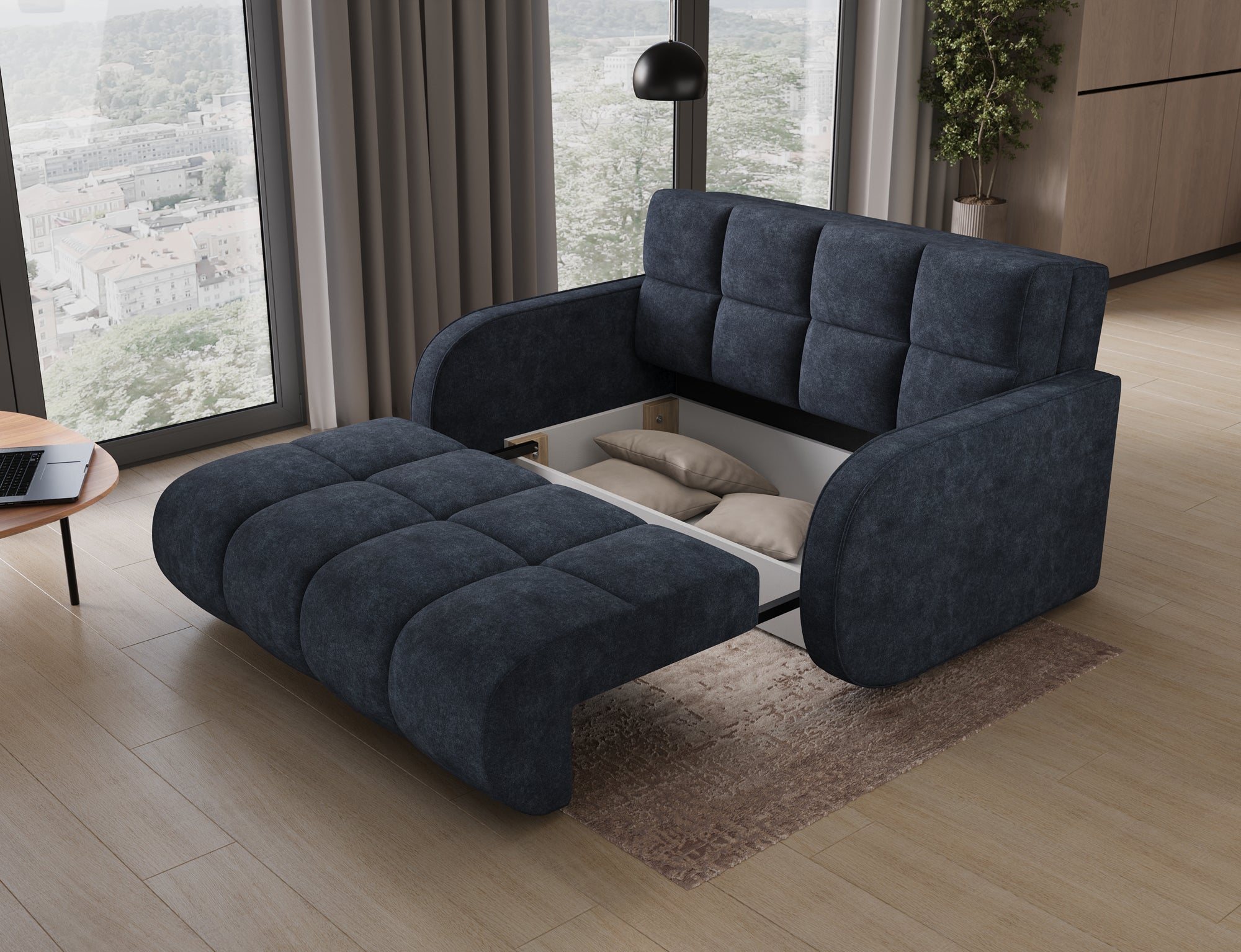 Petit canapé convertible 2 places tissu DENVERS 154cm – Avec coffre de rangement-Noir - 2