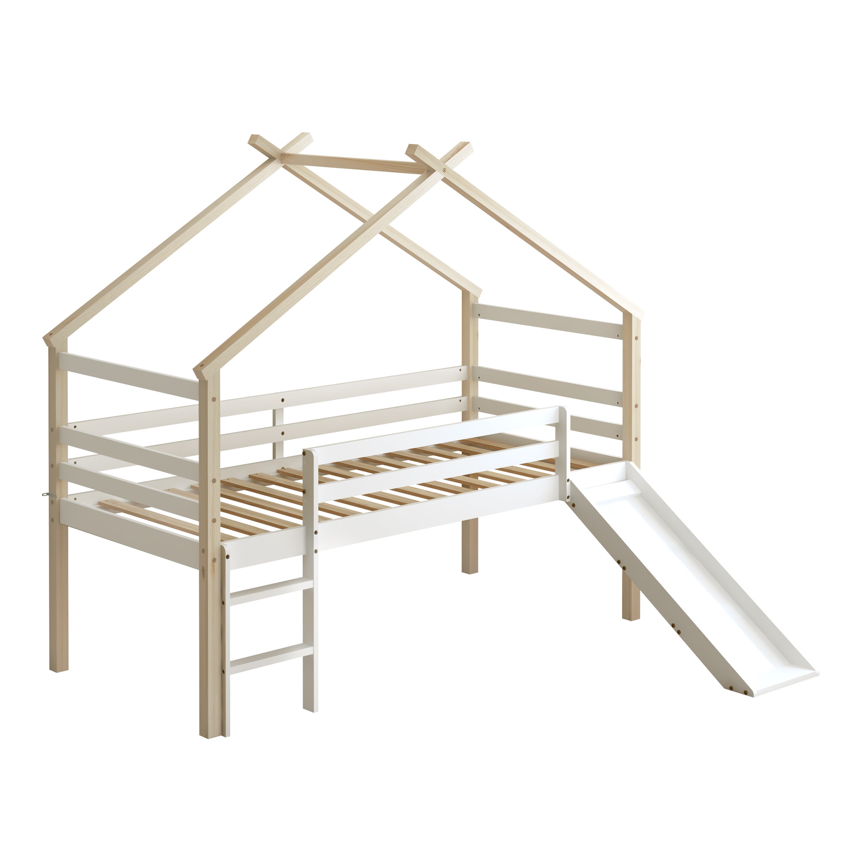 Sunny River Lit Cabane Avec Toboggan en Bois, Beige/Blanc | Lit Enfant Mi-haut , Lit Montessori - Sans Matelas - 213 X 186 X 183 Cm | - 7